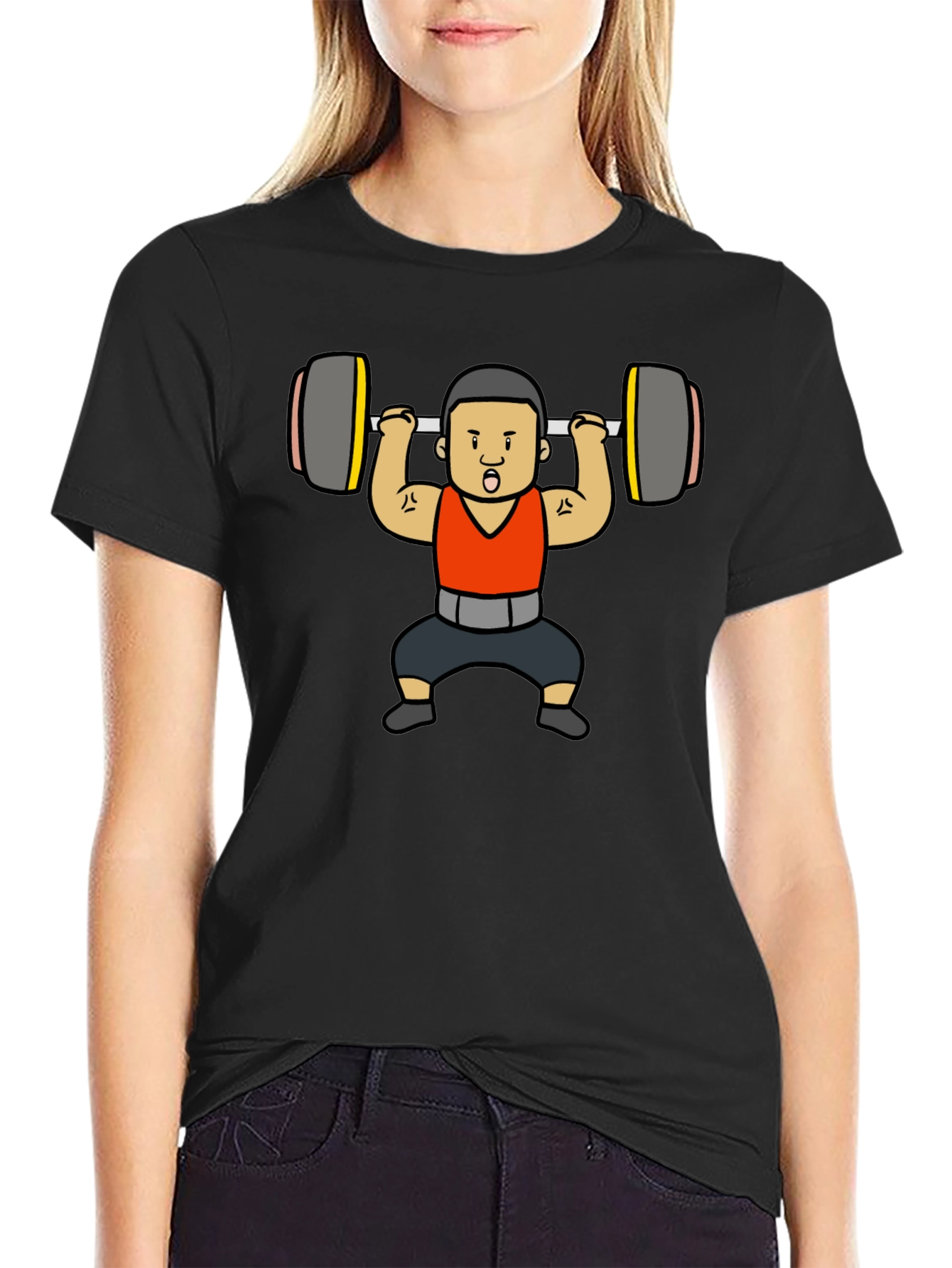 Weightlifter Cartoon Graphic T-Shirt - Black