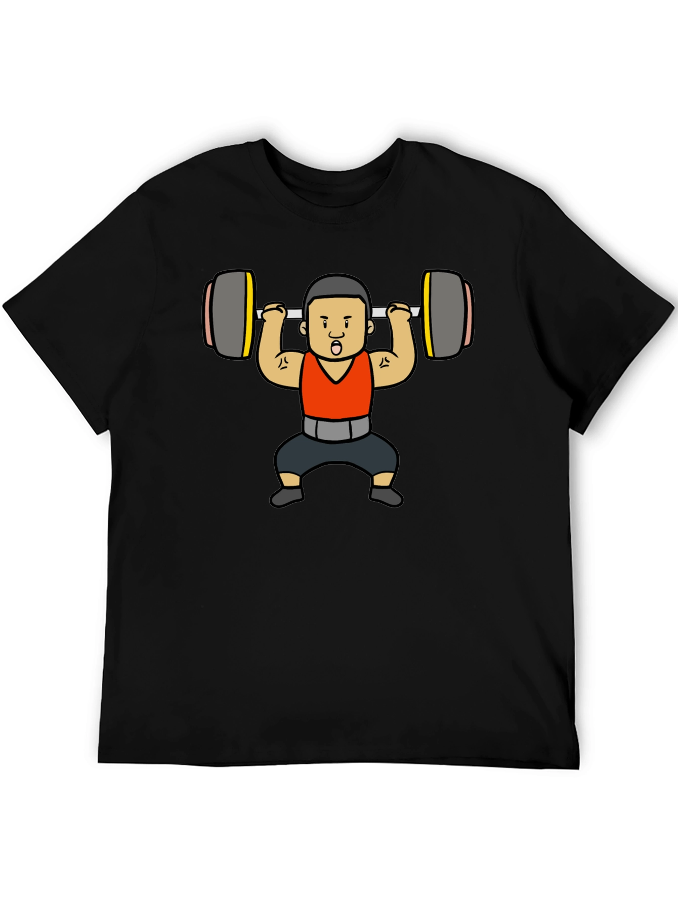 Weightlifter Cartoon Graphic T-Shirt - Black