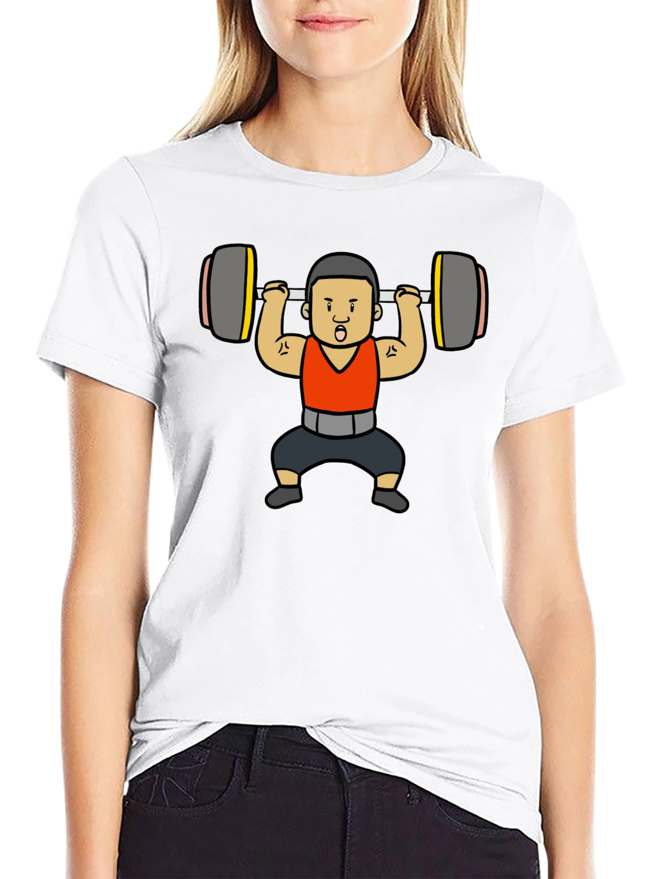 Weightlifter Cartoon Graphic T-Shirt - Black