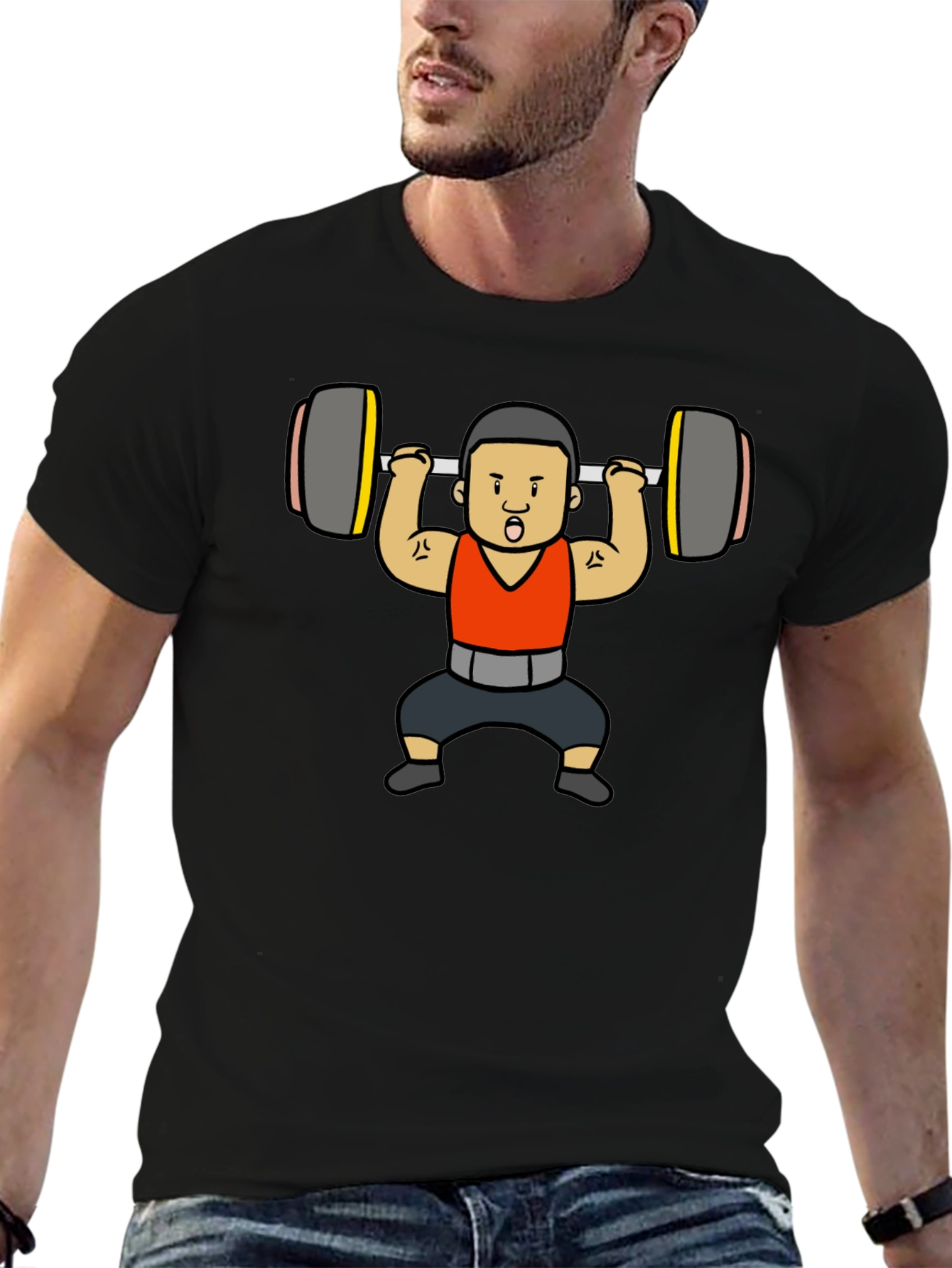 Weightlifter Cartoon Graphic T-Shirt - Black