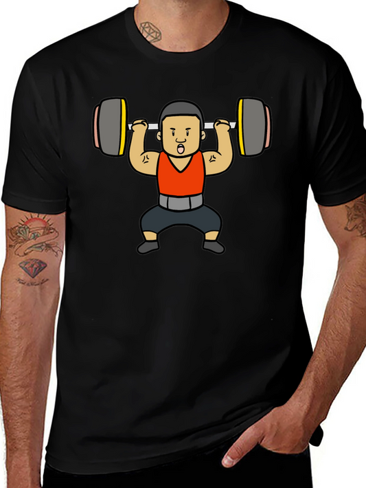 Weightlifter Cartoon Graphic T-Shirt - Black