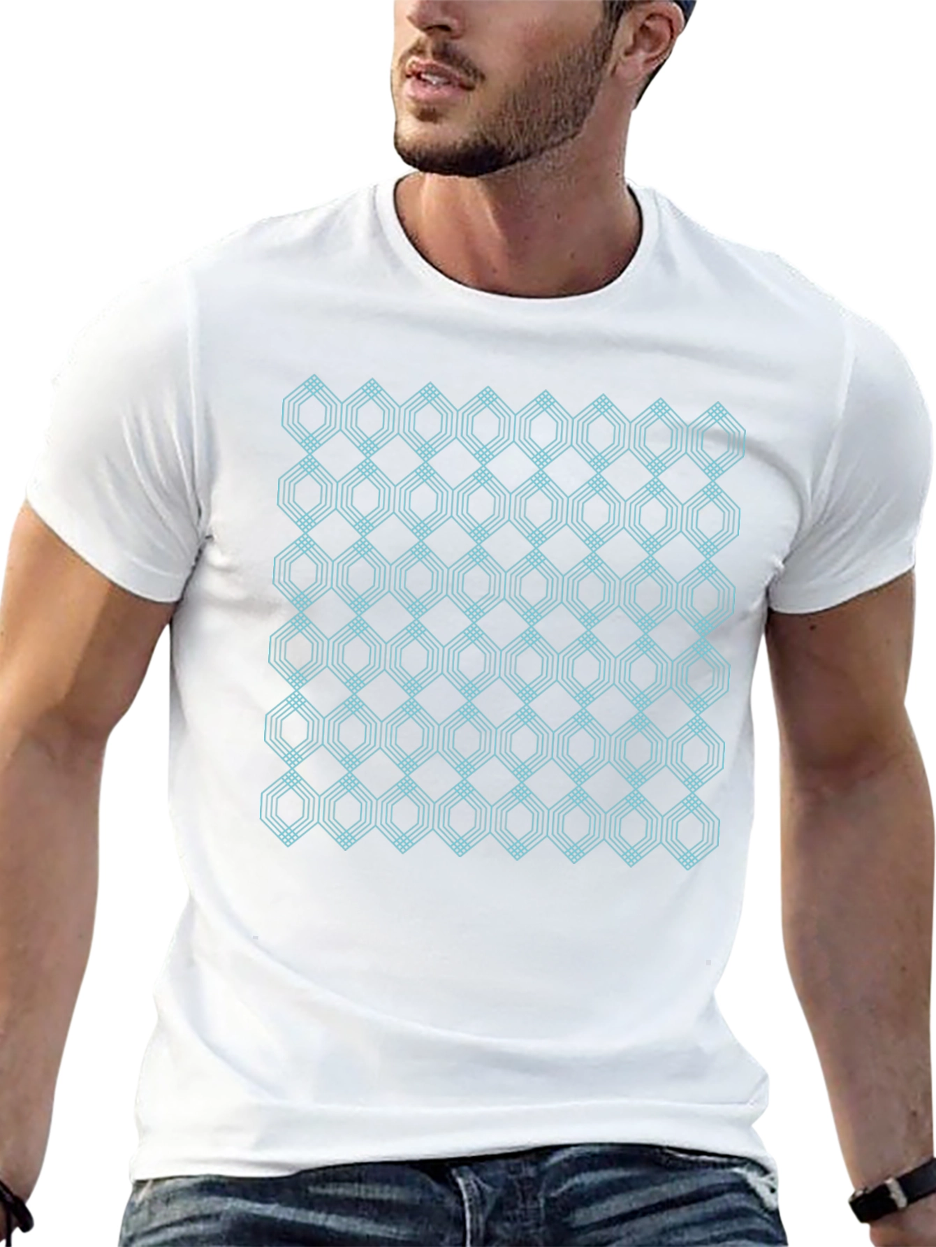 Geometric Hexagon Pattern Black T-Shirt