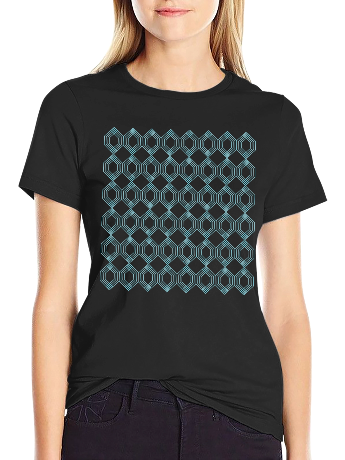 Geometric Hexagon Pattern Black T-Shirt