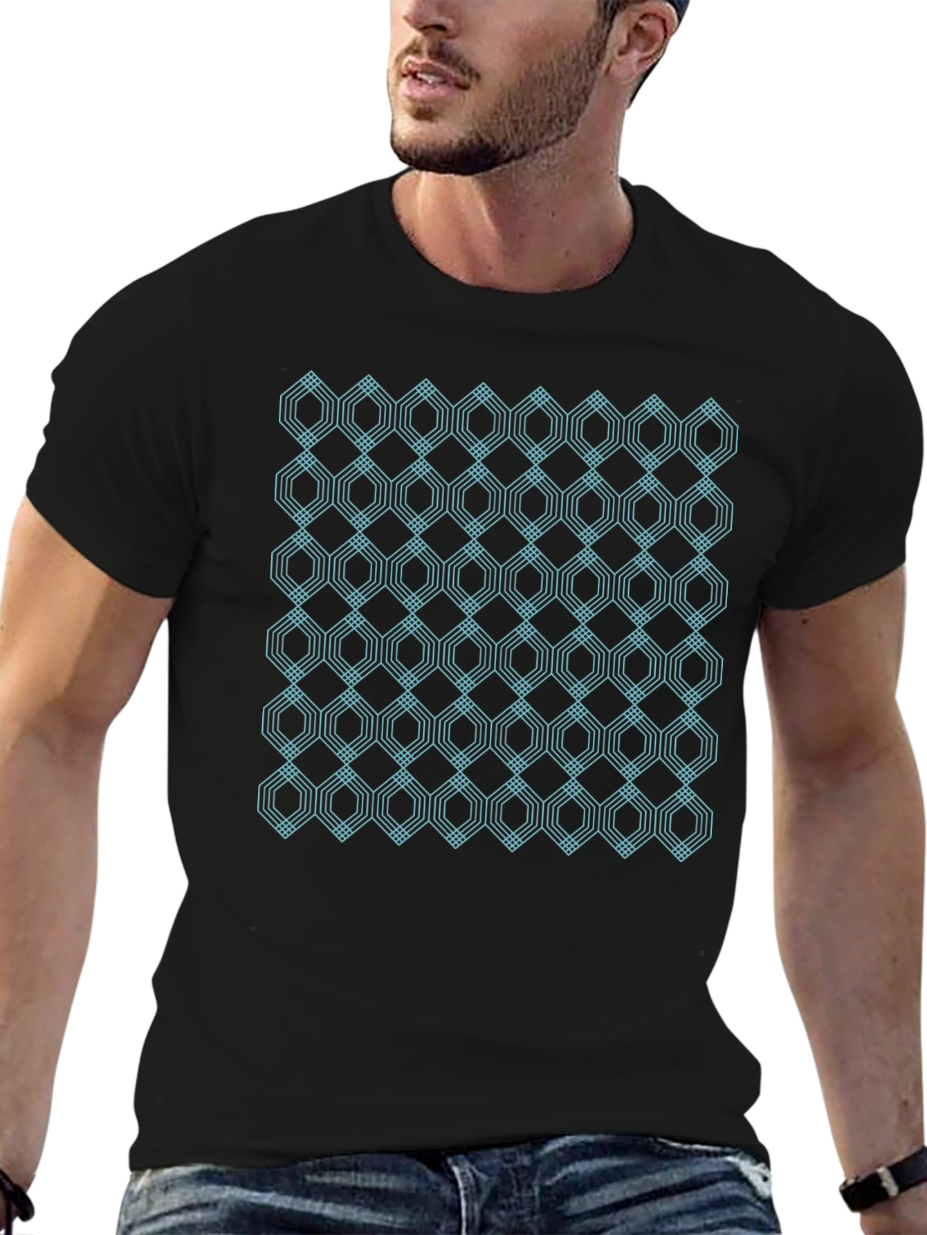 Geometric Hexagon Pattern Black T-Shirt
