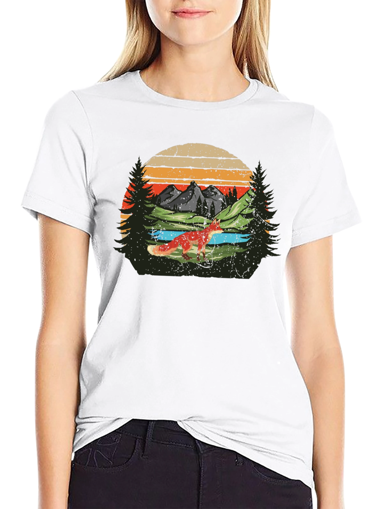 Nature Fox Graphic Tee -  Retro Mountain Scene T-Shirt