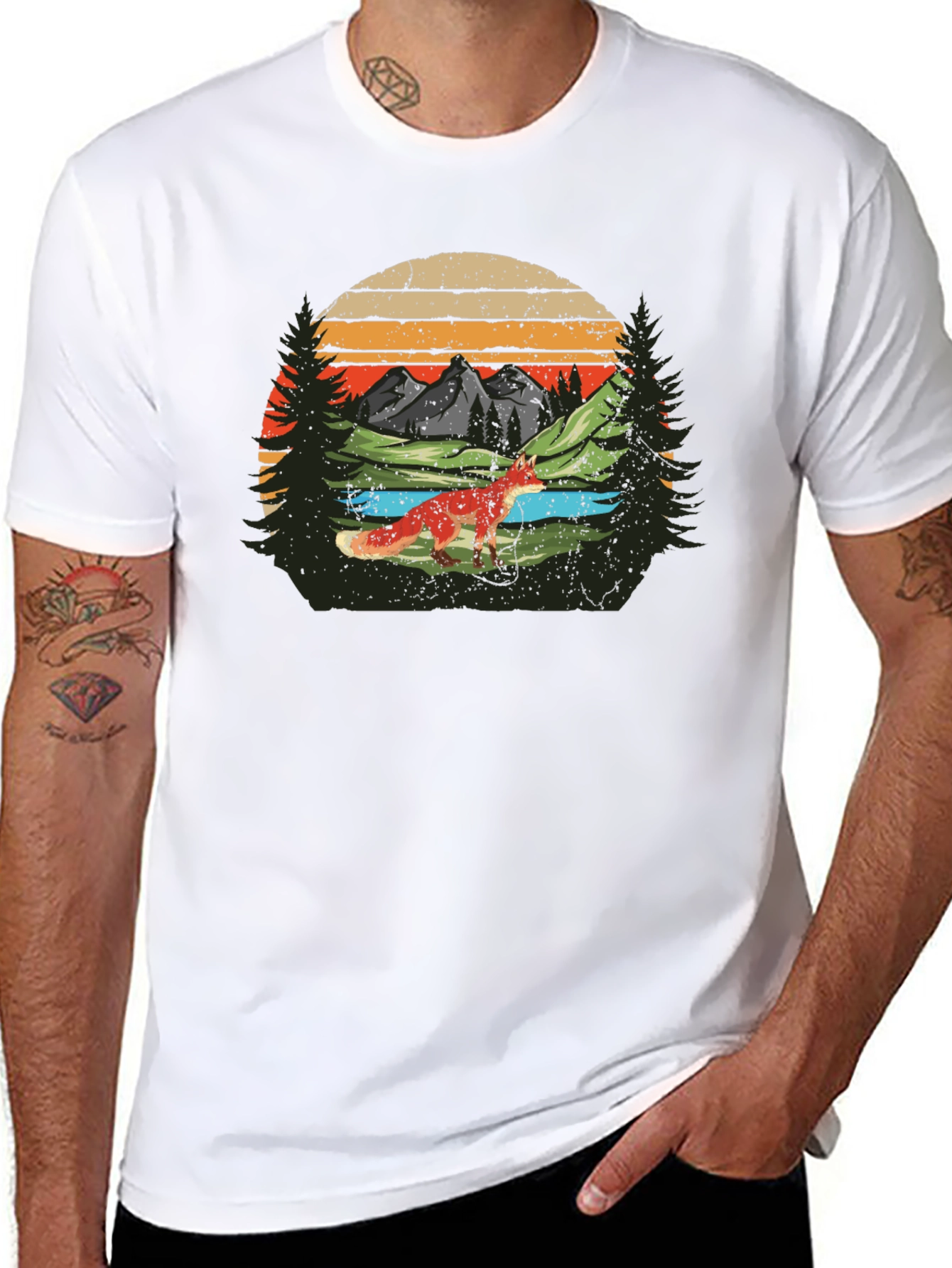 Nature Fox Graphic Tee -  Retro Mountain Scene T-Shirt