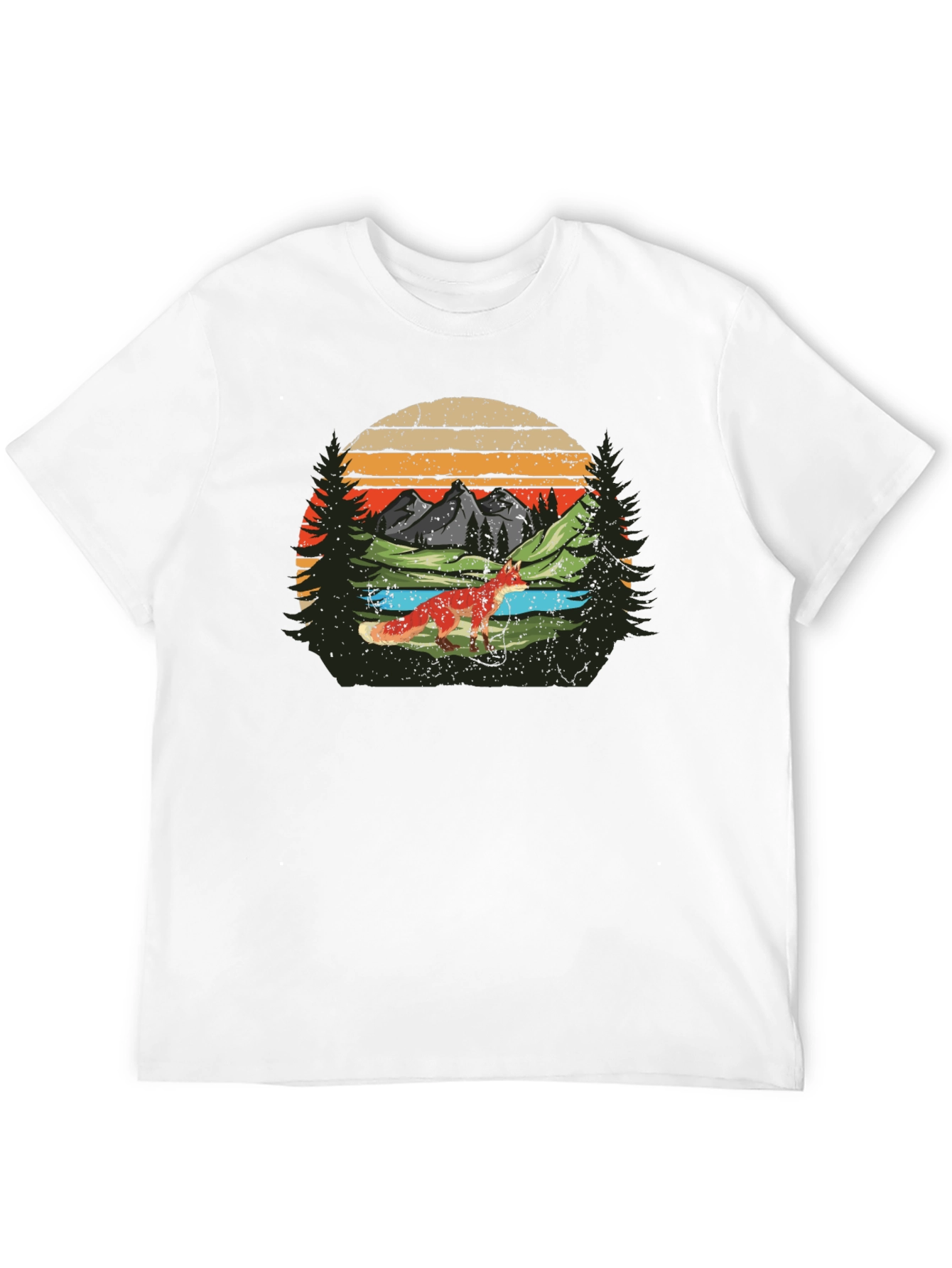 Nature Fox Graphic Tee -  Retro Mountain Scene T-Shirt
