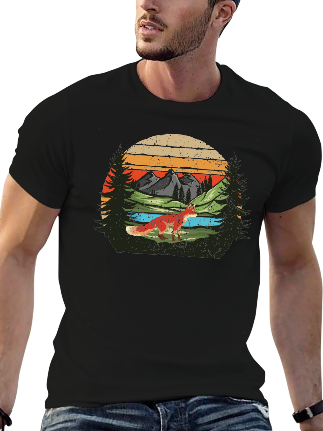 Nature Fox Graphic Tee -  Retro Mountain Scene T-Shirt