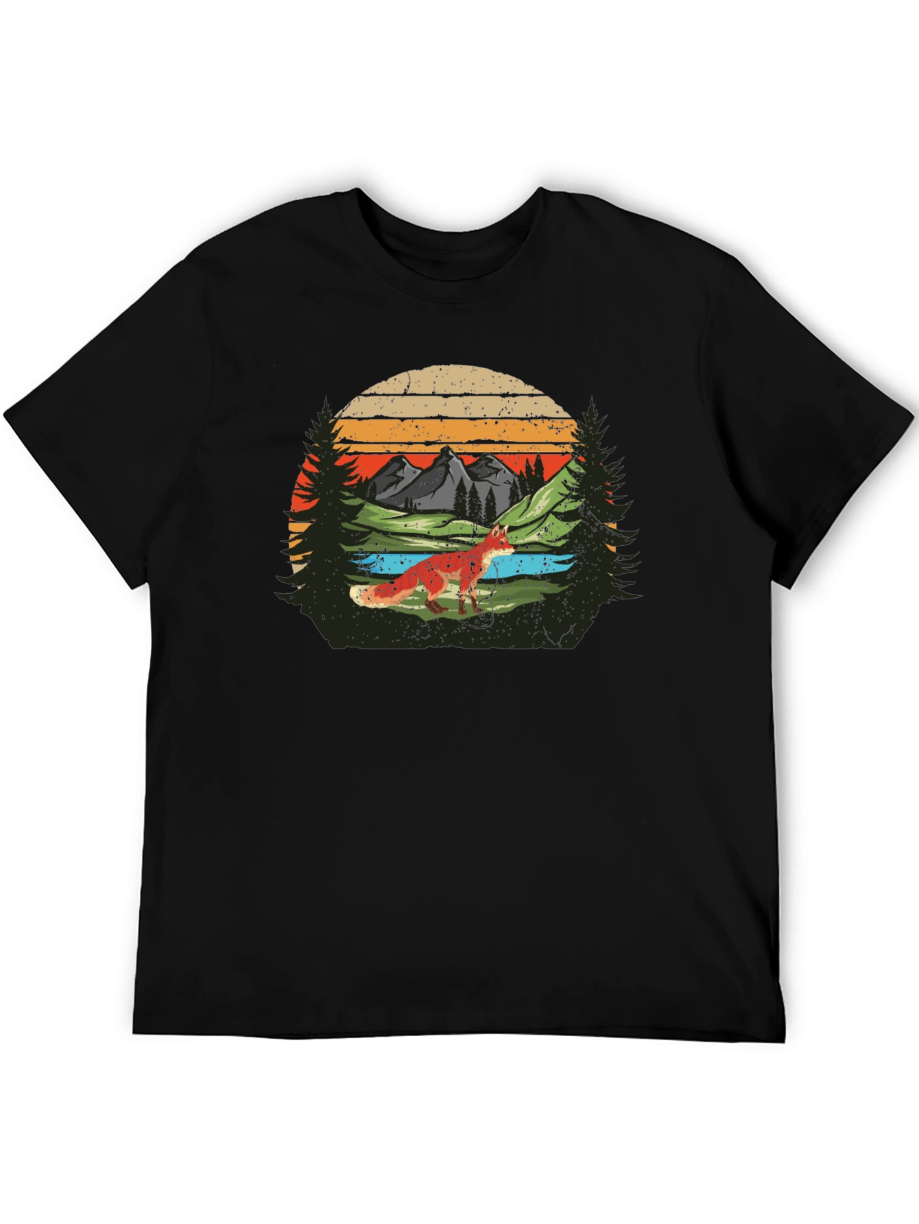 Nature Fox Graphic Tee -  Retro Mountain Scene T-Shirt