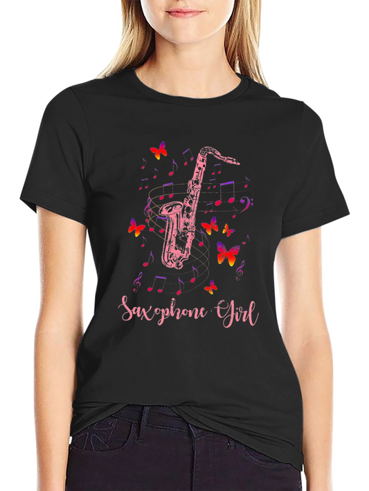 Saxophone Girl Black T-Shirt Music Butterfly