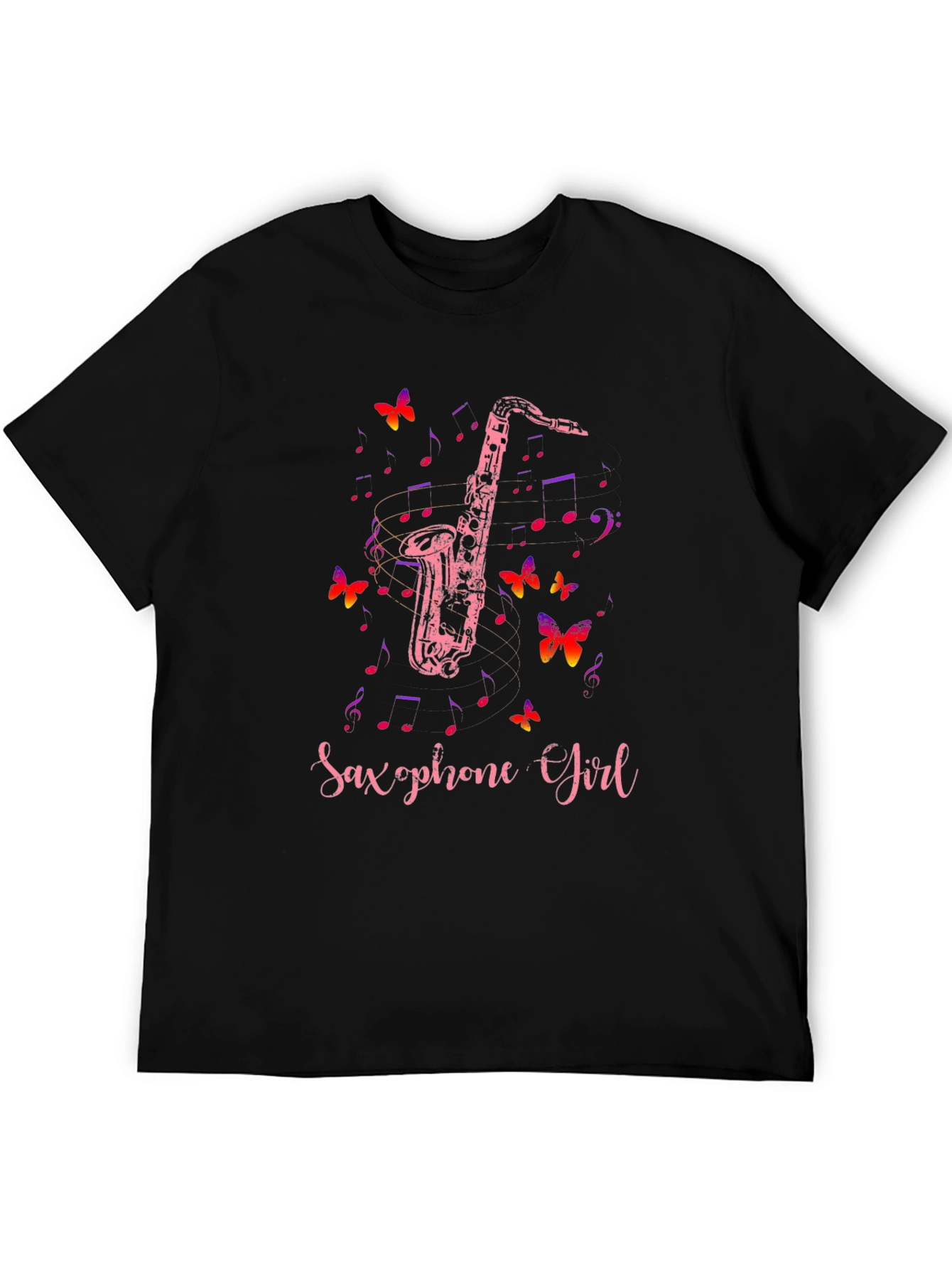 Saxophone Girl Black T-Shirt Music Butterfly