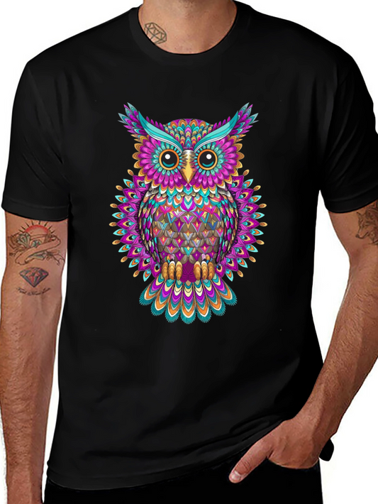 Colorful Owl Graphic Print Black T-Shirt
