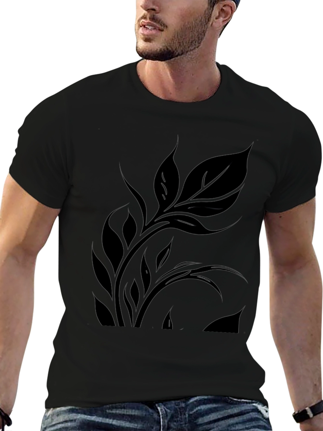 Elegant Black Leaf Design T-Shirt