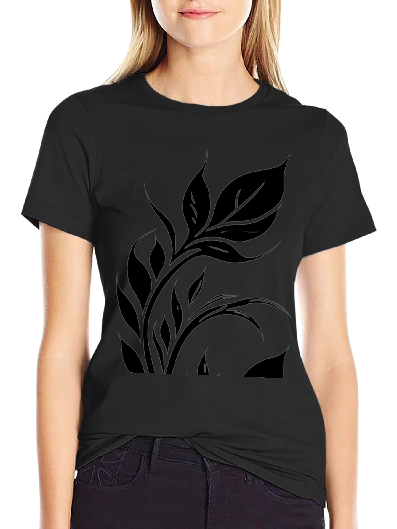 Elegant Black Leaf Design T-Shirt
