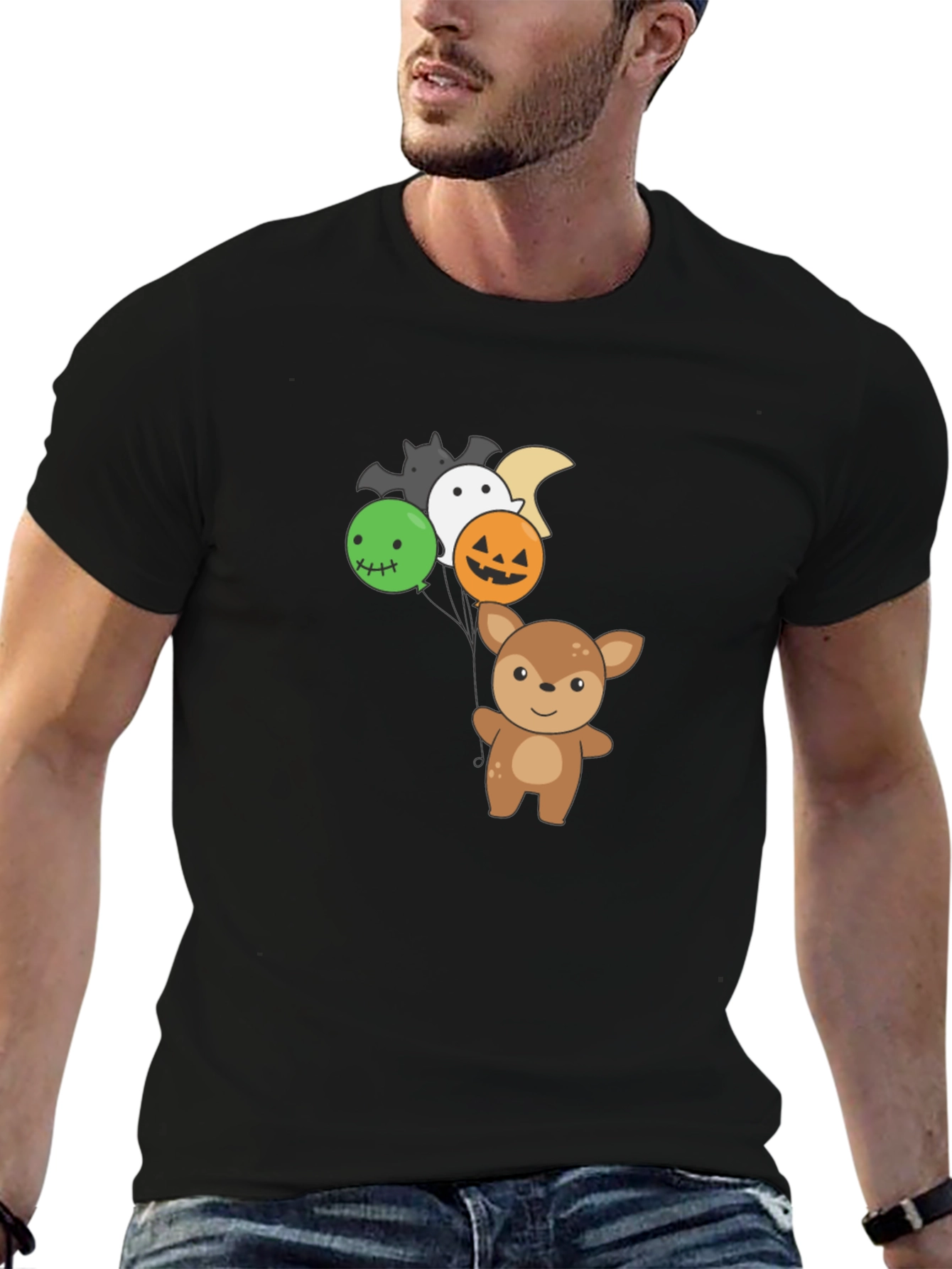 Cute Deer with Halloween Balloons Black T-Shirt
