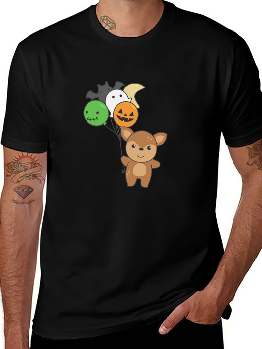 Cute Deer with Halloween Balloons Black T-Shirt