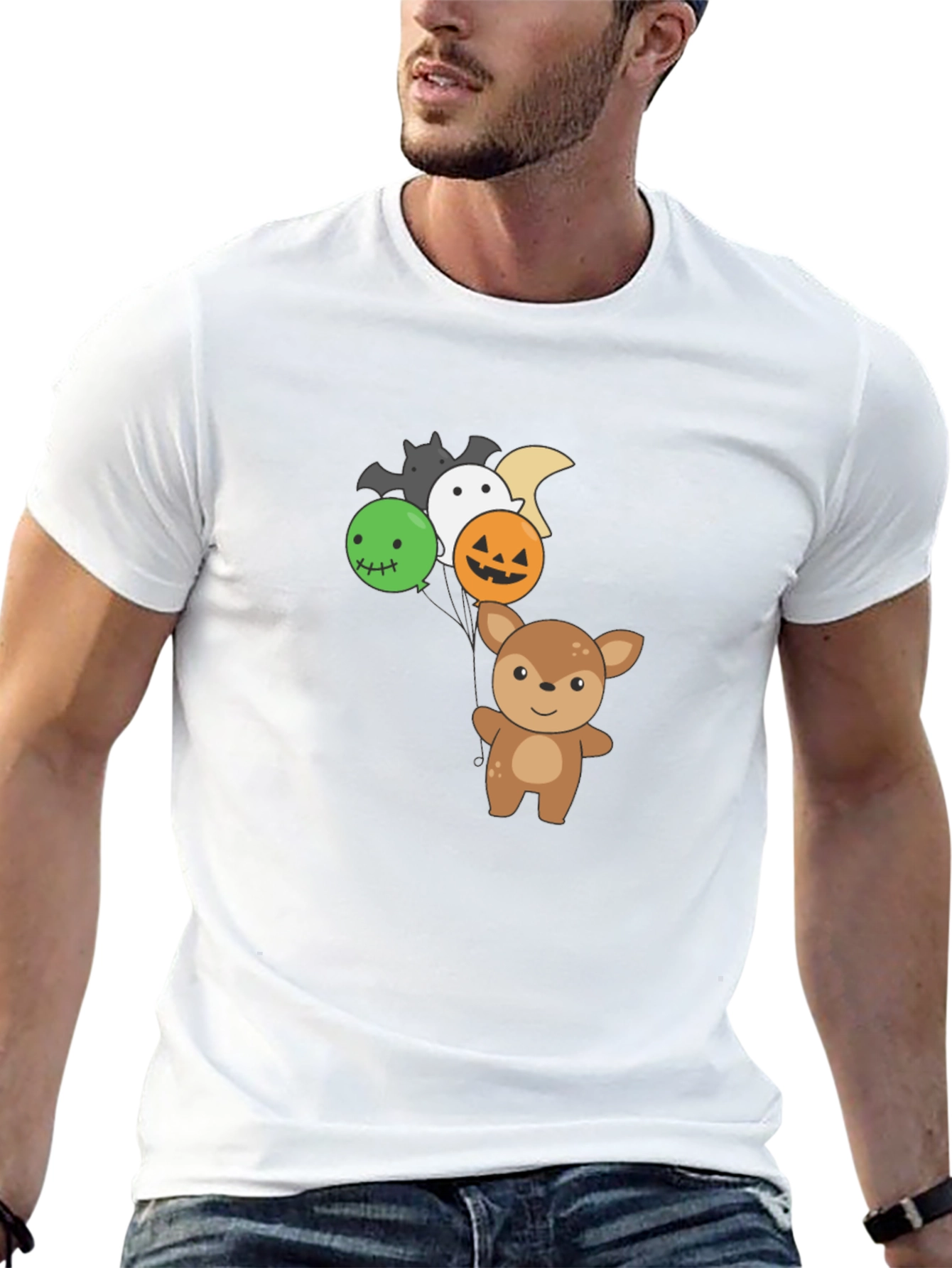 Cute Deer with Halloween Balloons Black T-Shirt