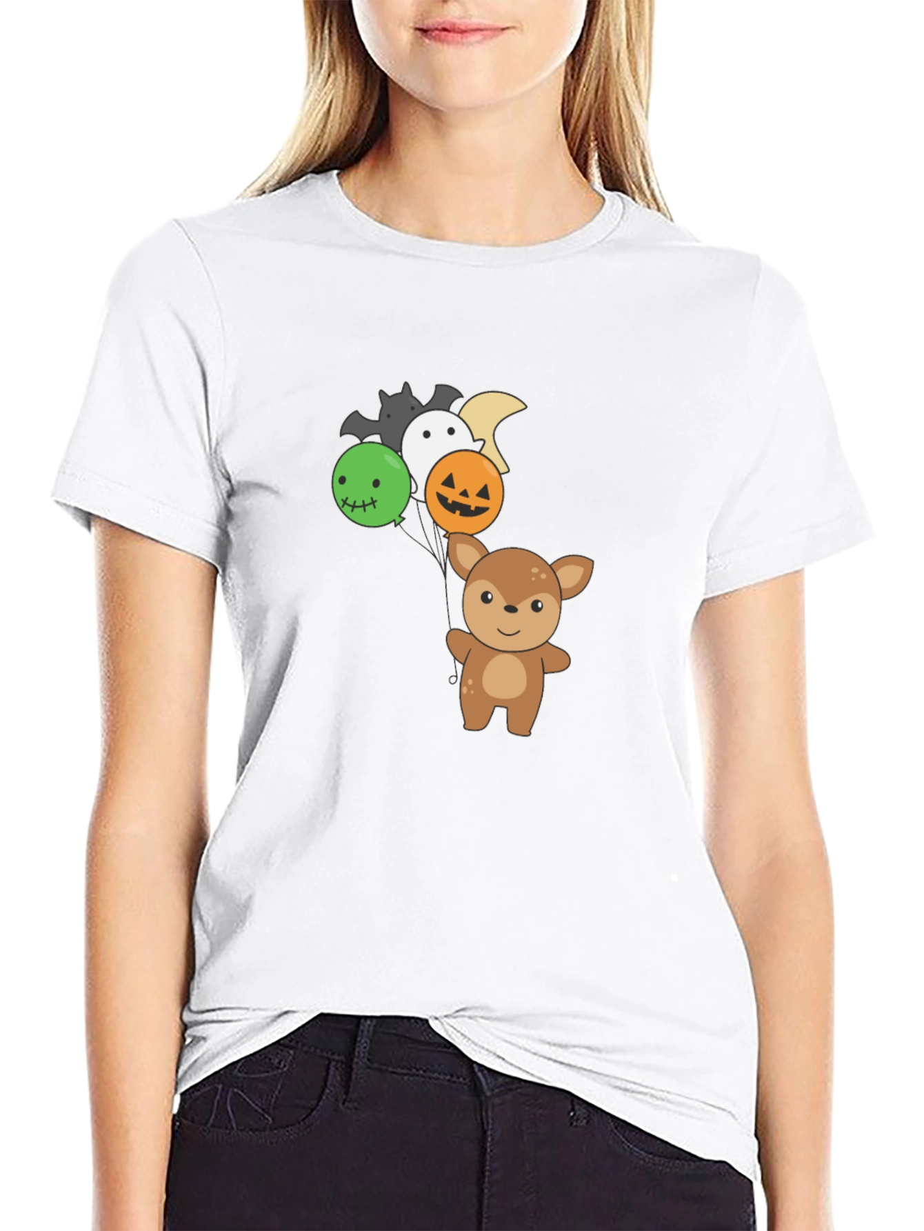 Cute Deer with Halloween Balloons Black T-Shirt
