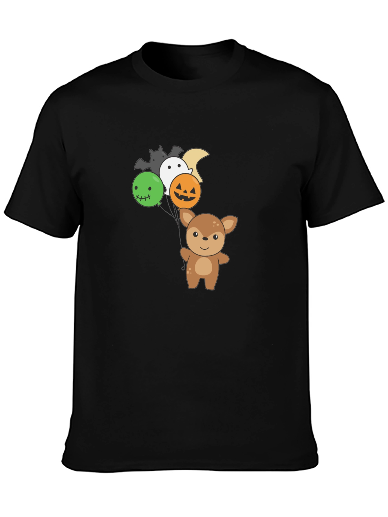 Cute Deer with Halloween Balloons Black T-Shirt