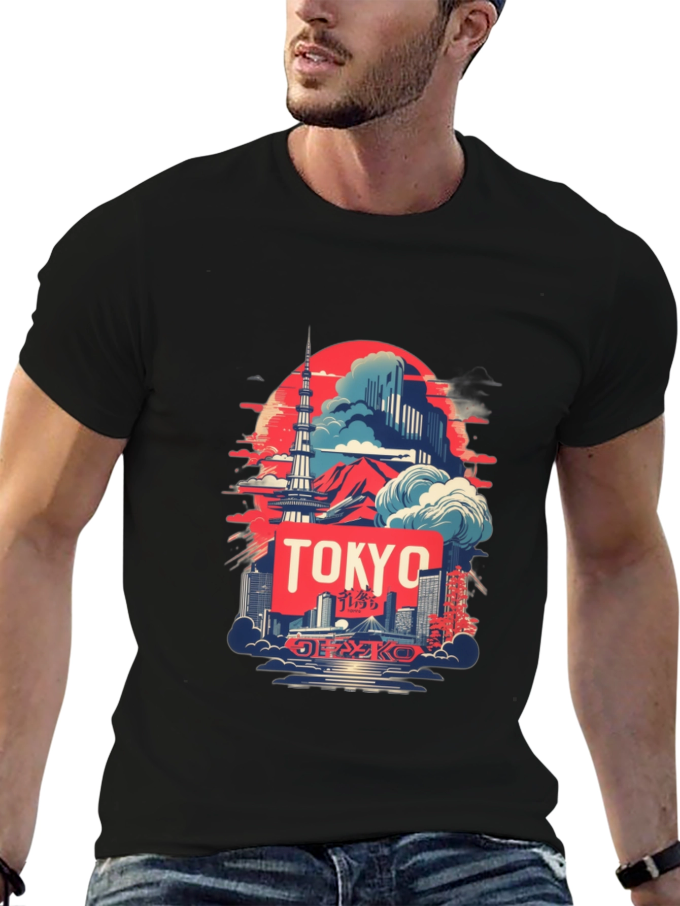 Tokyo Skyline Graphic Tee - Black Cotton T-Shirt