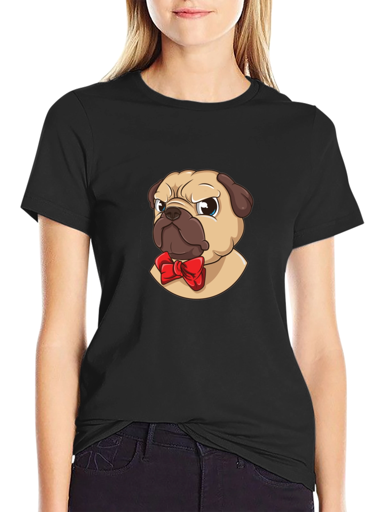 Pug With Bow Tie Graphic Tee - Black