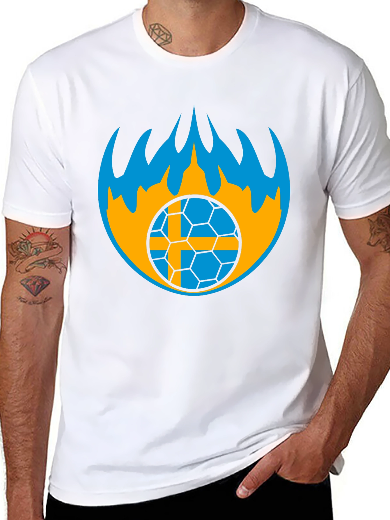 Sweden Soccer Ball Flames Graphic Tee - Black