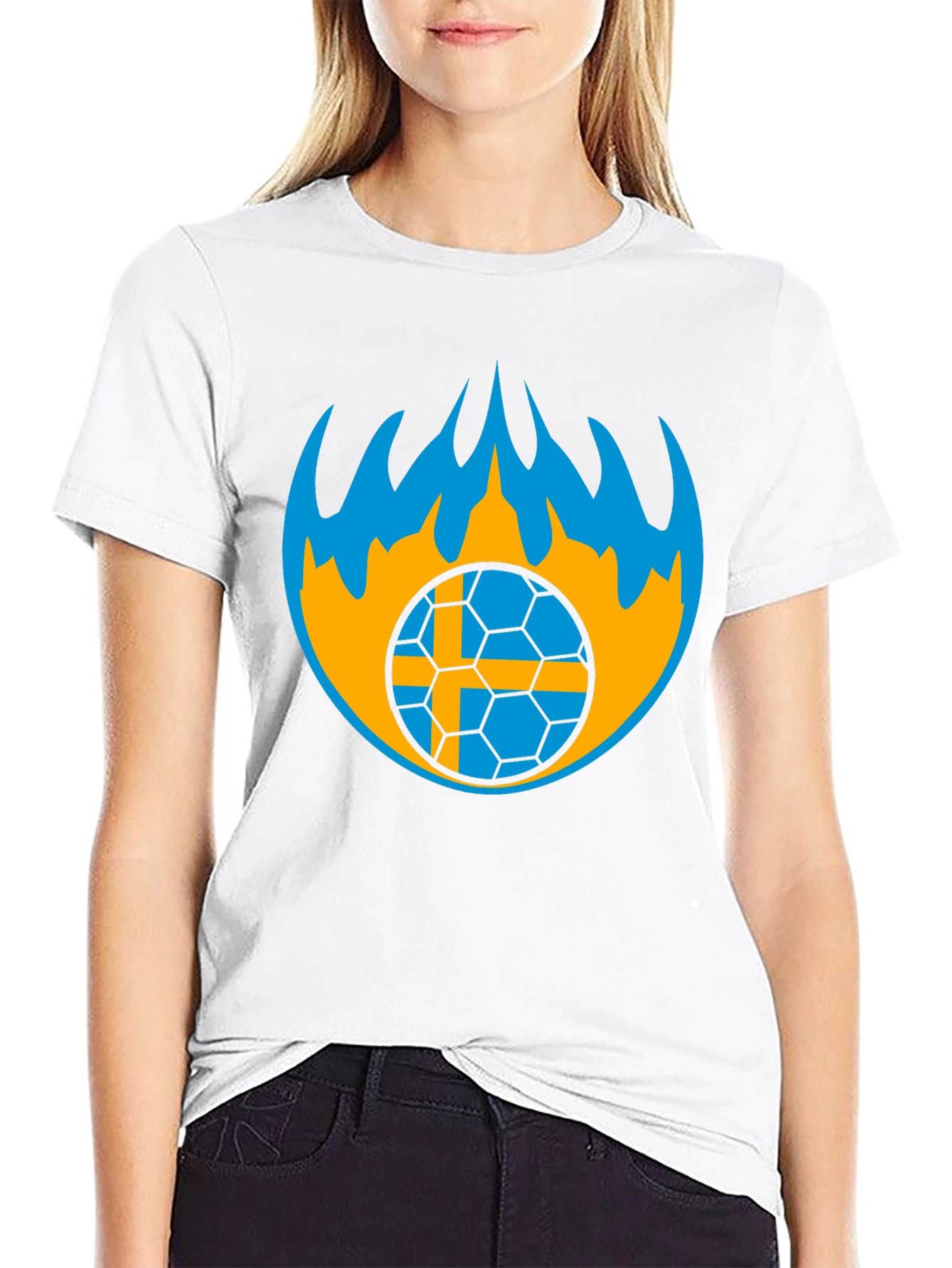 Sweden Soccer Ball Flames Graphic Tee - Black
