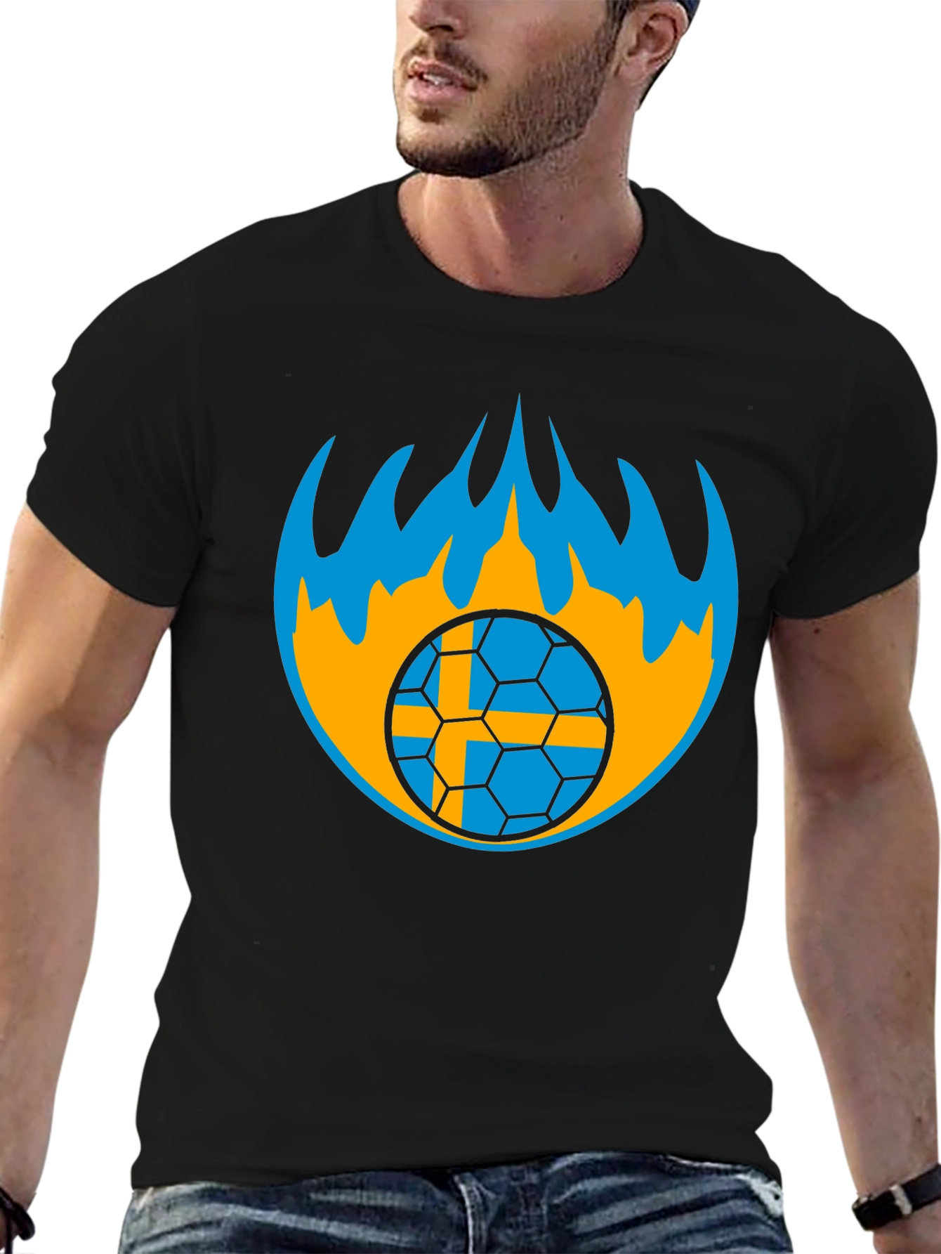 Sweden Soccer Ball Flames Graphic Tee - Black