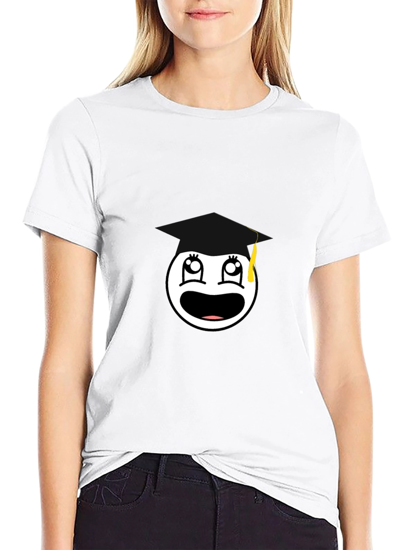 Graduation Smiley Face Black Graphic Tee