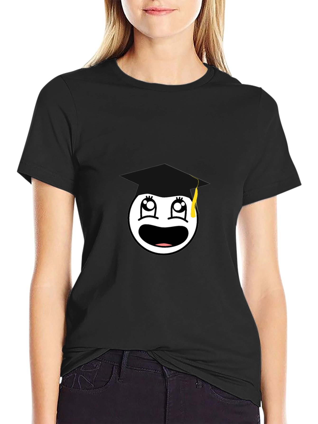 Graduation Smiley Face Black Graphic Tee