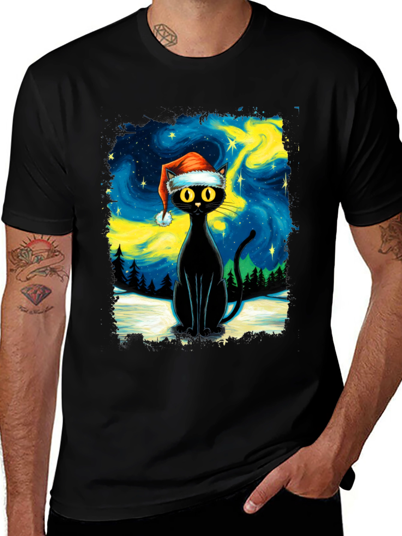 Festive Black Cat T-Shirt - Holiday Style