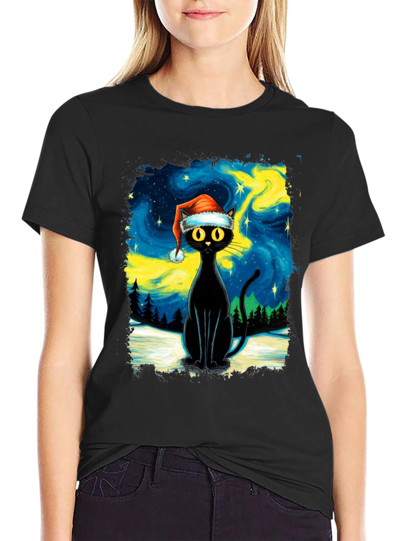 Festive Black Cat T-Shirt - Holiday Style