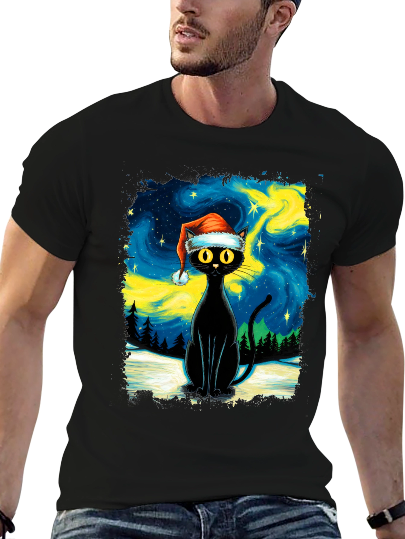 Festive Black Cat T-Shirt - Holiday Style