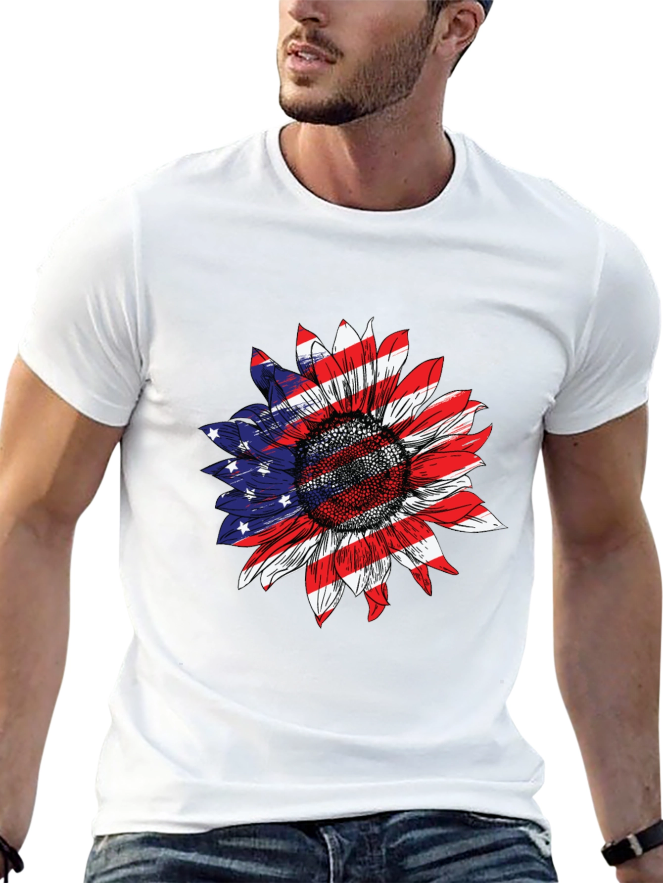 American Flag Sunflower Graphic T-Shirt