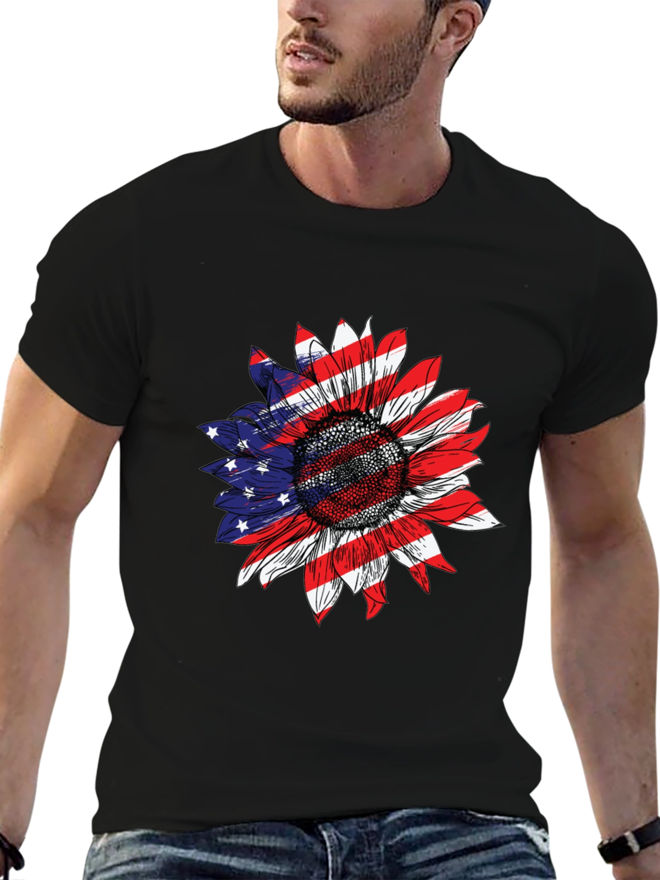 American Flag Sunflower Graphic T-Shirt