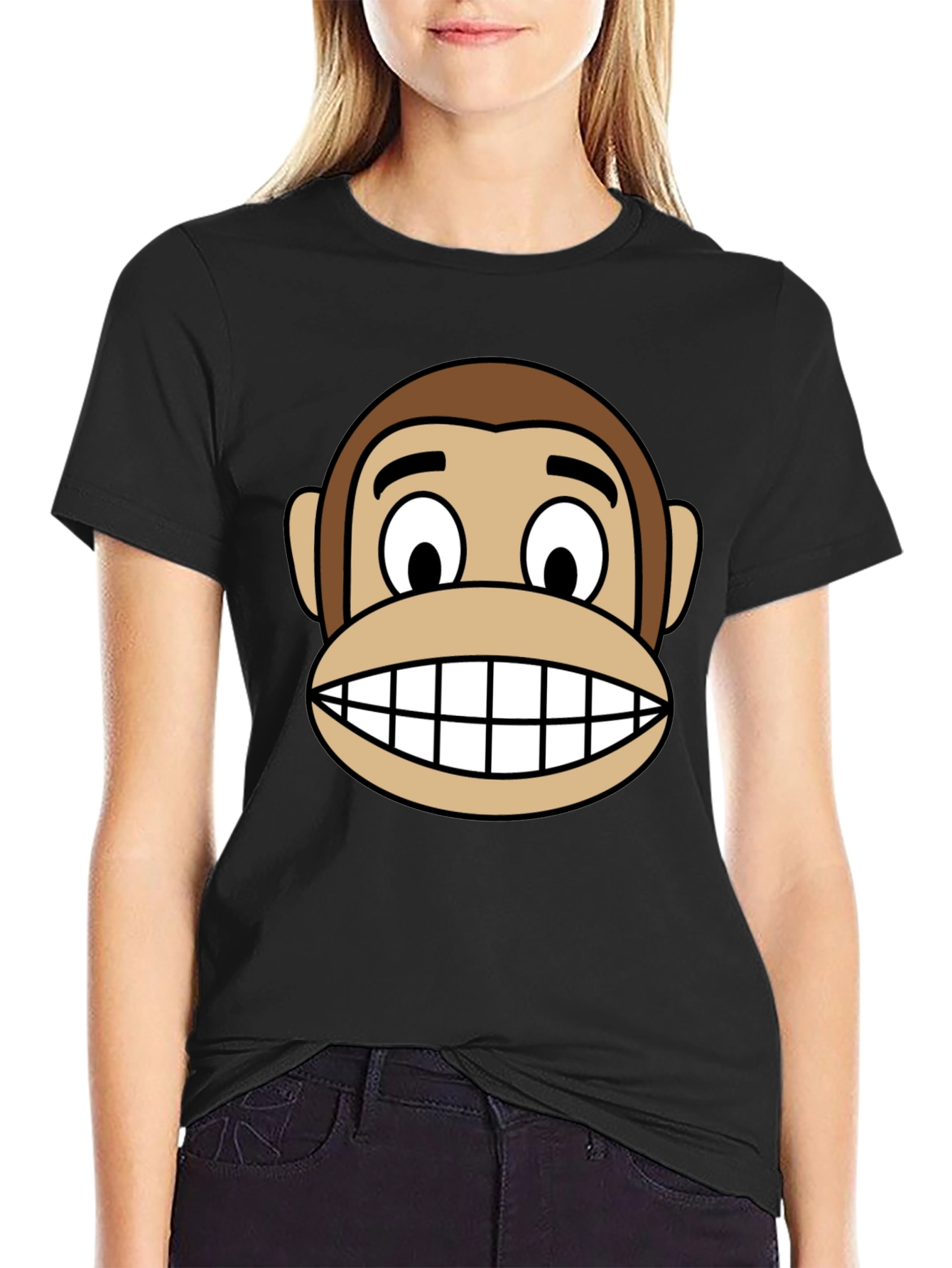 Cartoon Monkey Face Graphic Tee - Unisex Black T-Shirt