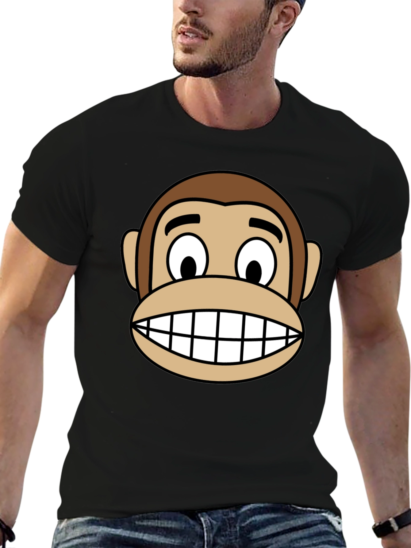 Cartoon Monkey Face Graphic Tee - Unisex Black T-Shirt