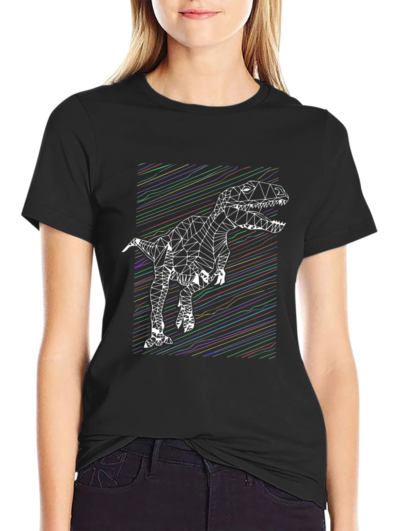 Geometric Dinosaur Graphic Tee - Stylish Mens Black T-Shirt