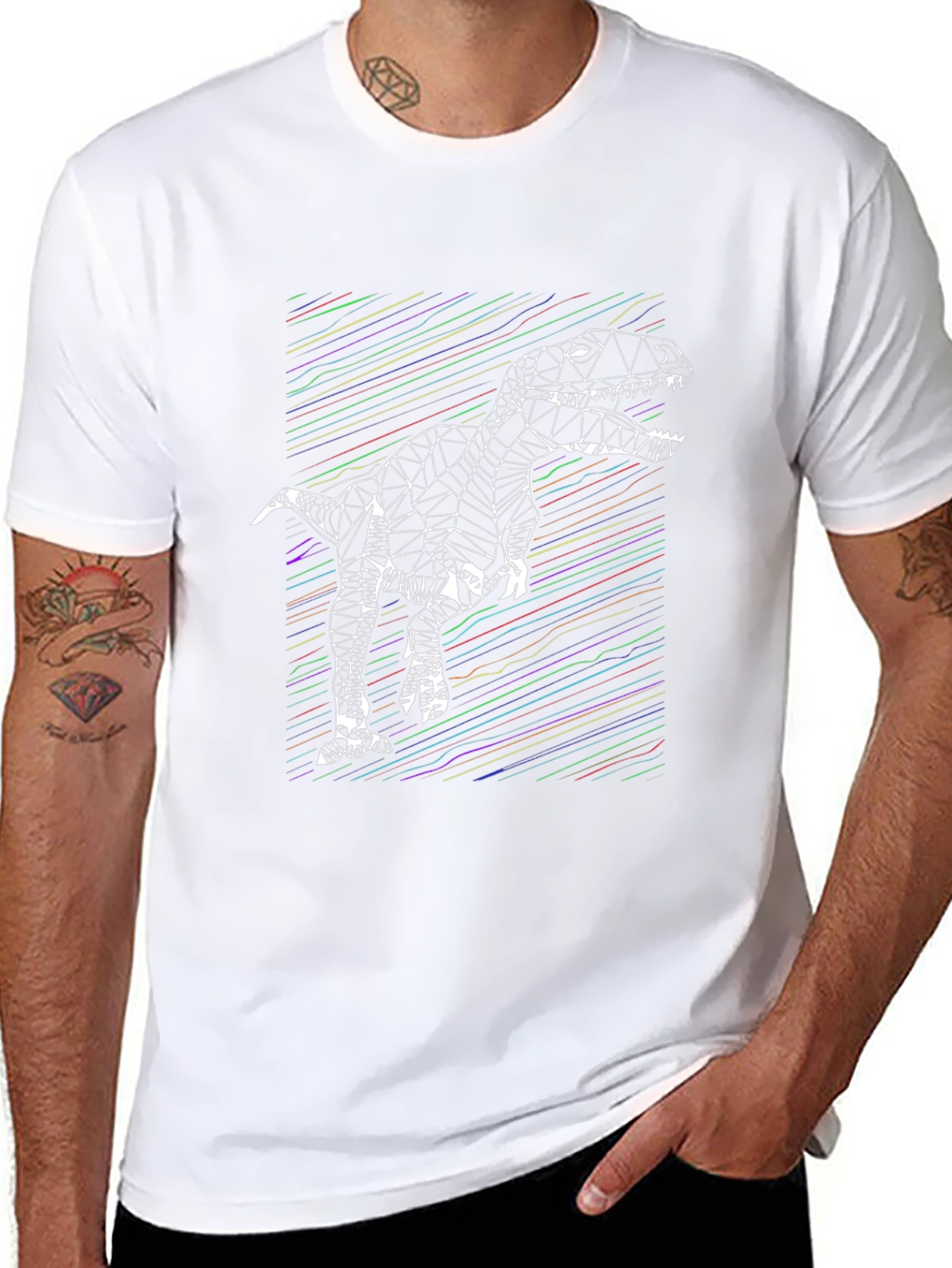 Geometric Dinosaur Graphic Tee - Stylish Mens Black T-Shirt
