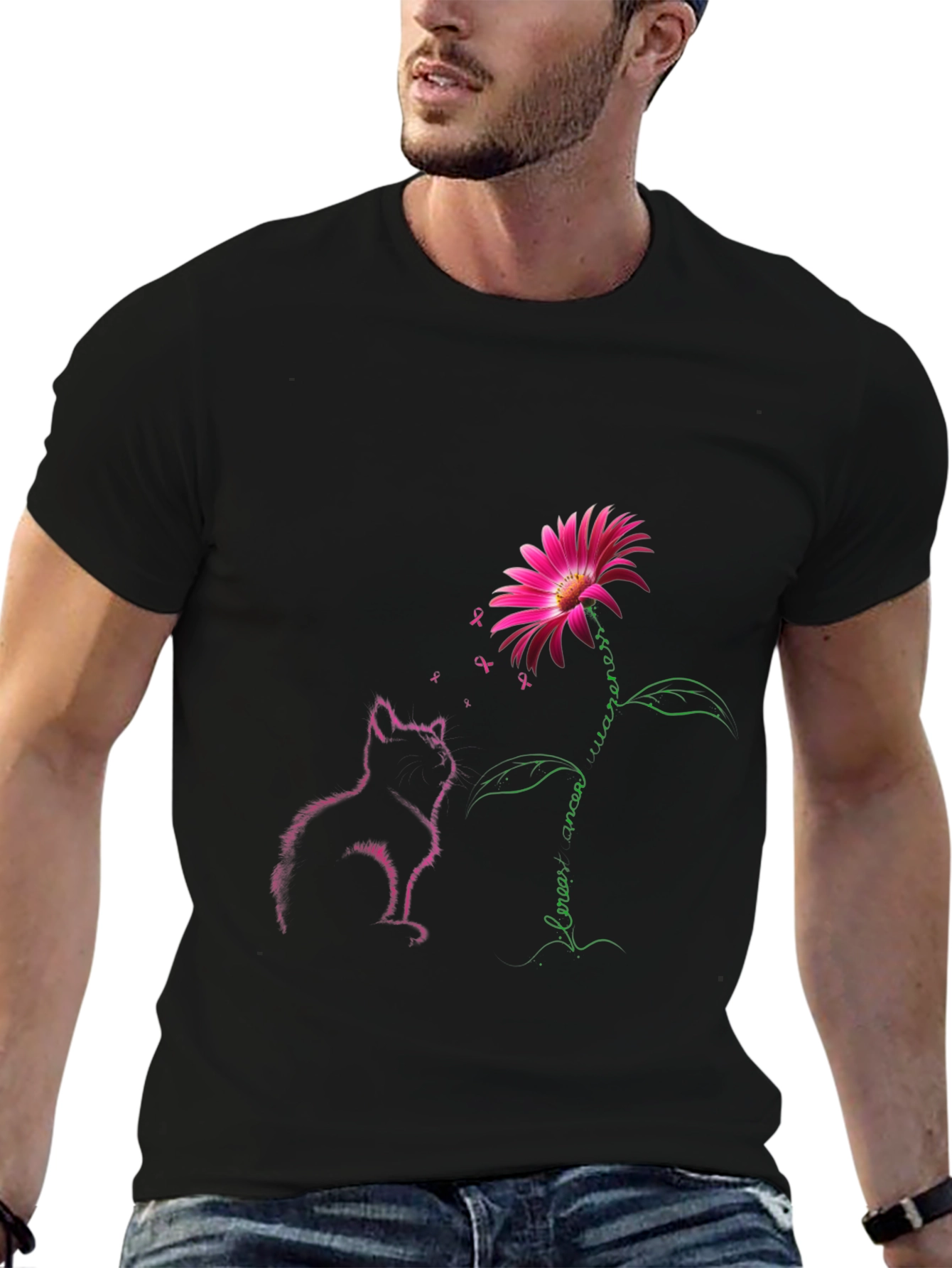 Breast Cancer Awareness Cat & Flower Graphic Tee