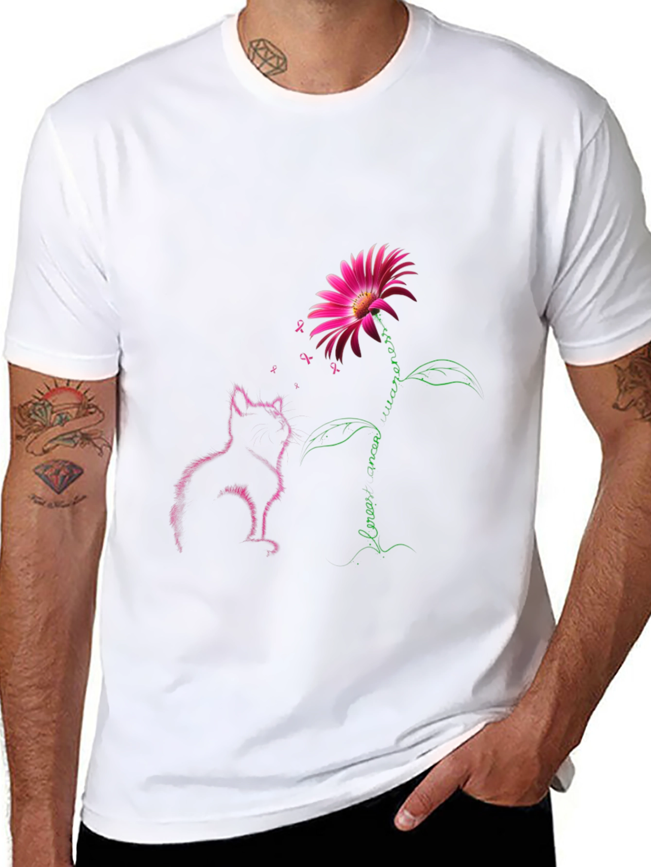 Breast Cancer Awareness Cat & Flower Graphic Tee