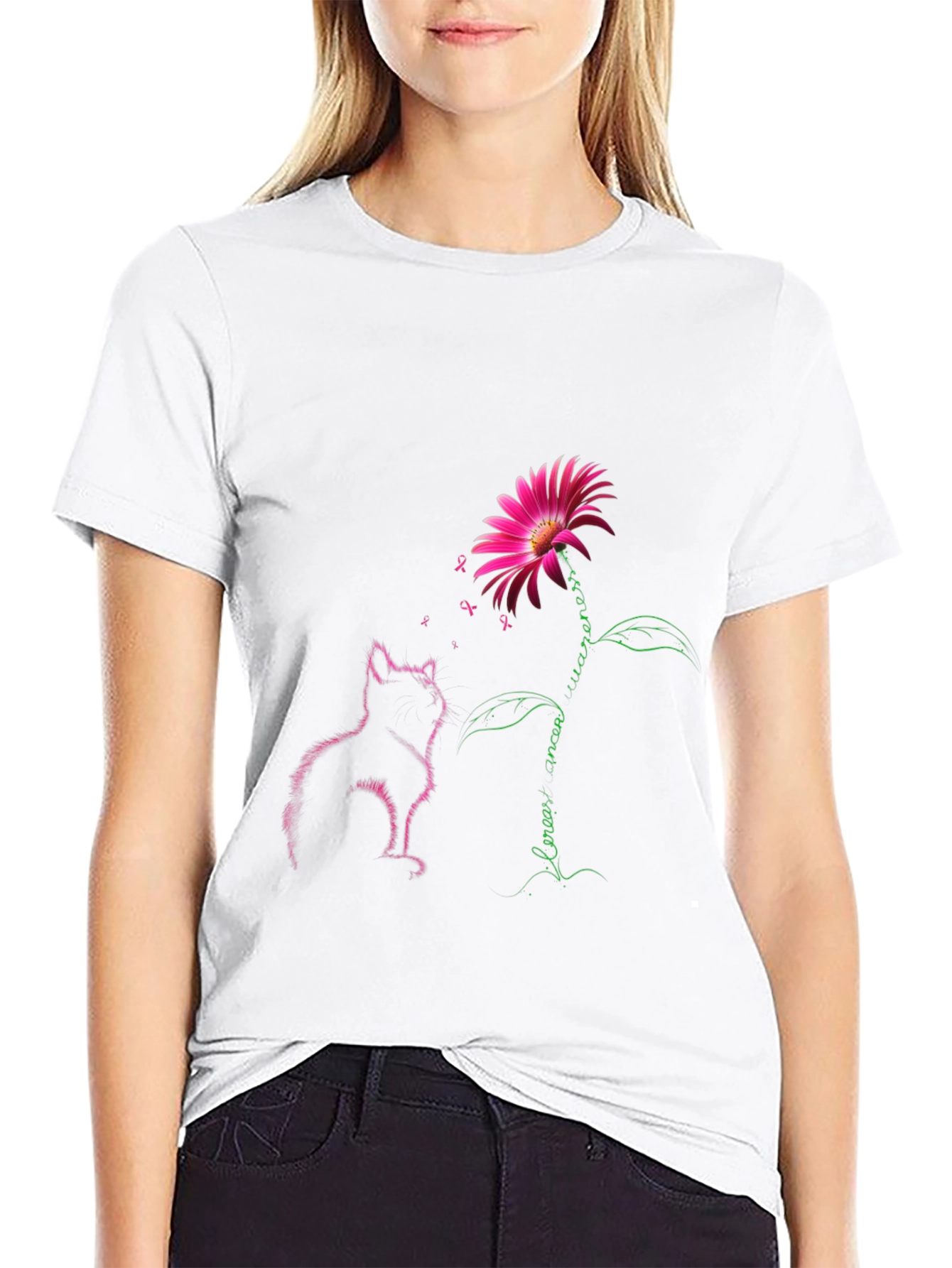 Breast Cancer Awareness Cat & Flower Graphic Tee