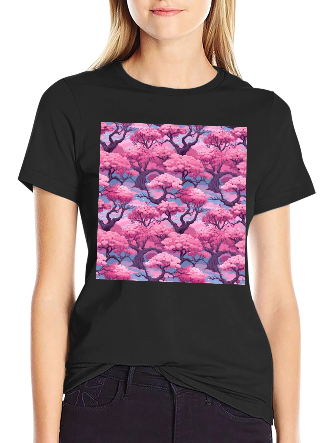 Sakura Tree Print Black T-Shirt