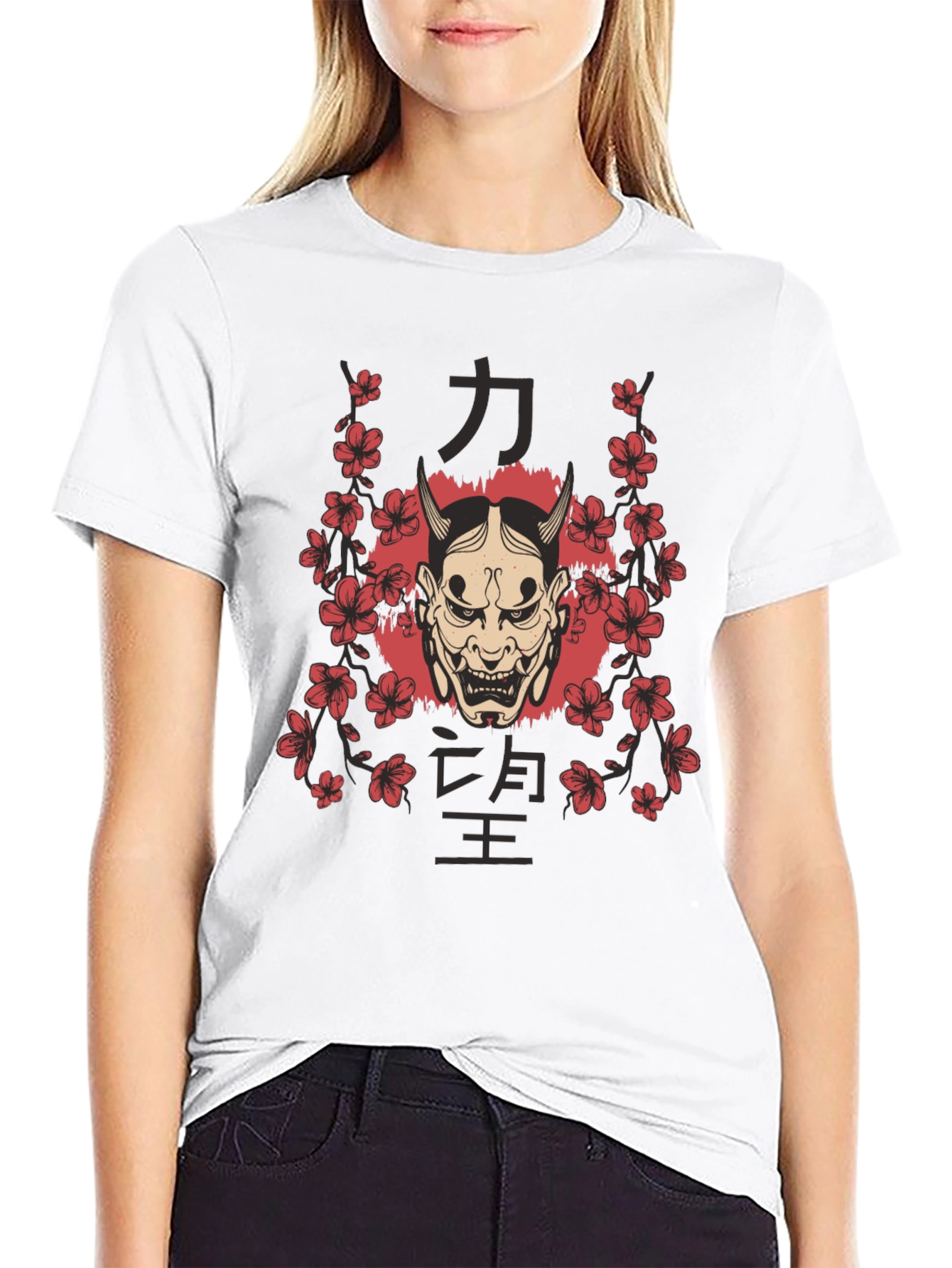 Mens Oni Mask Floral Graphic Black T-Shirt