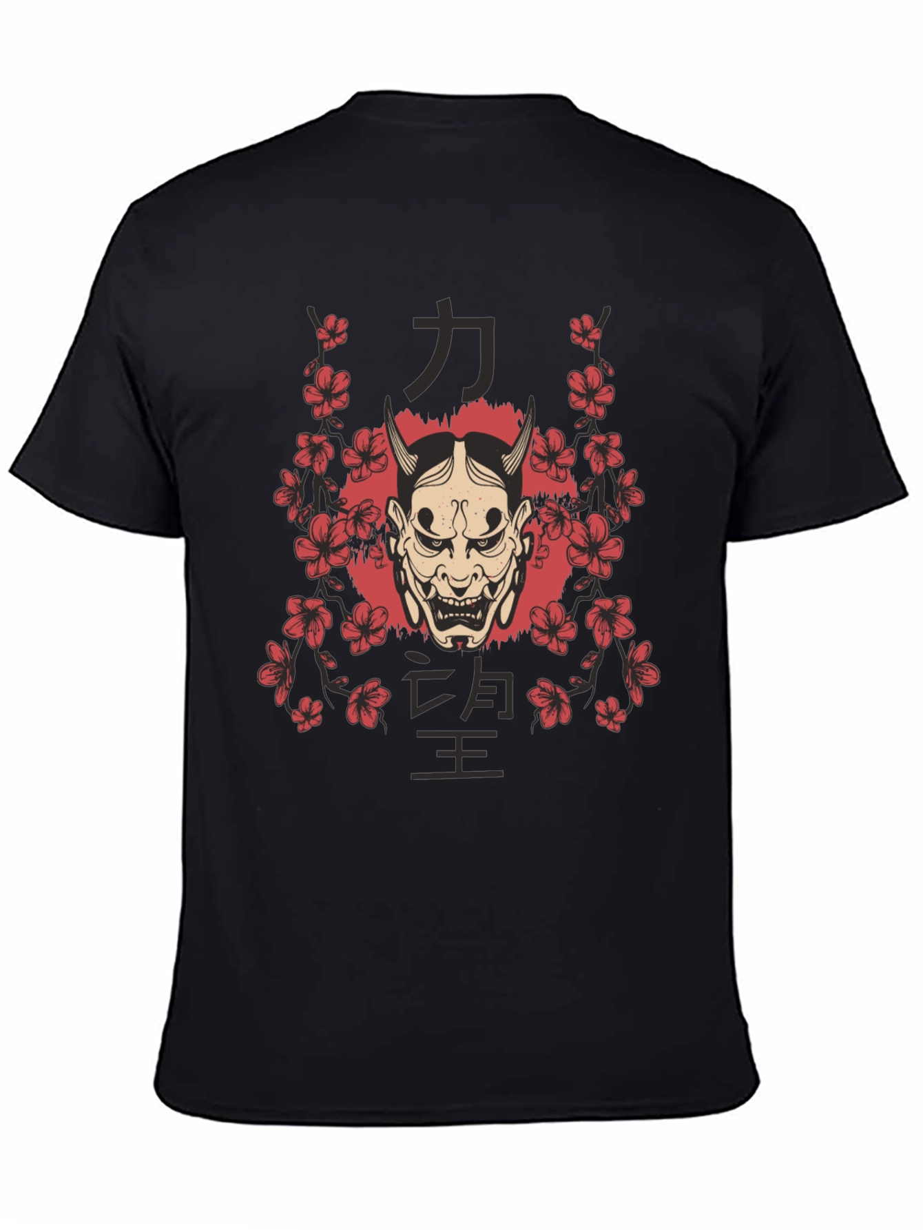 Mens Oni Mask Floral Graphic Black T-Shirt