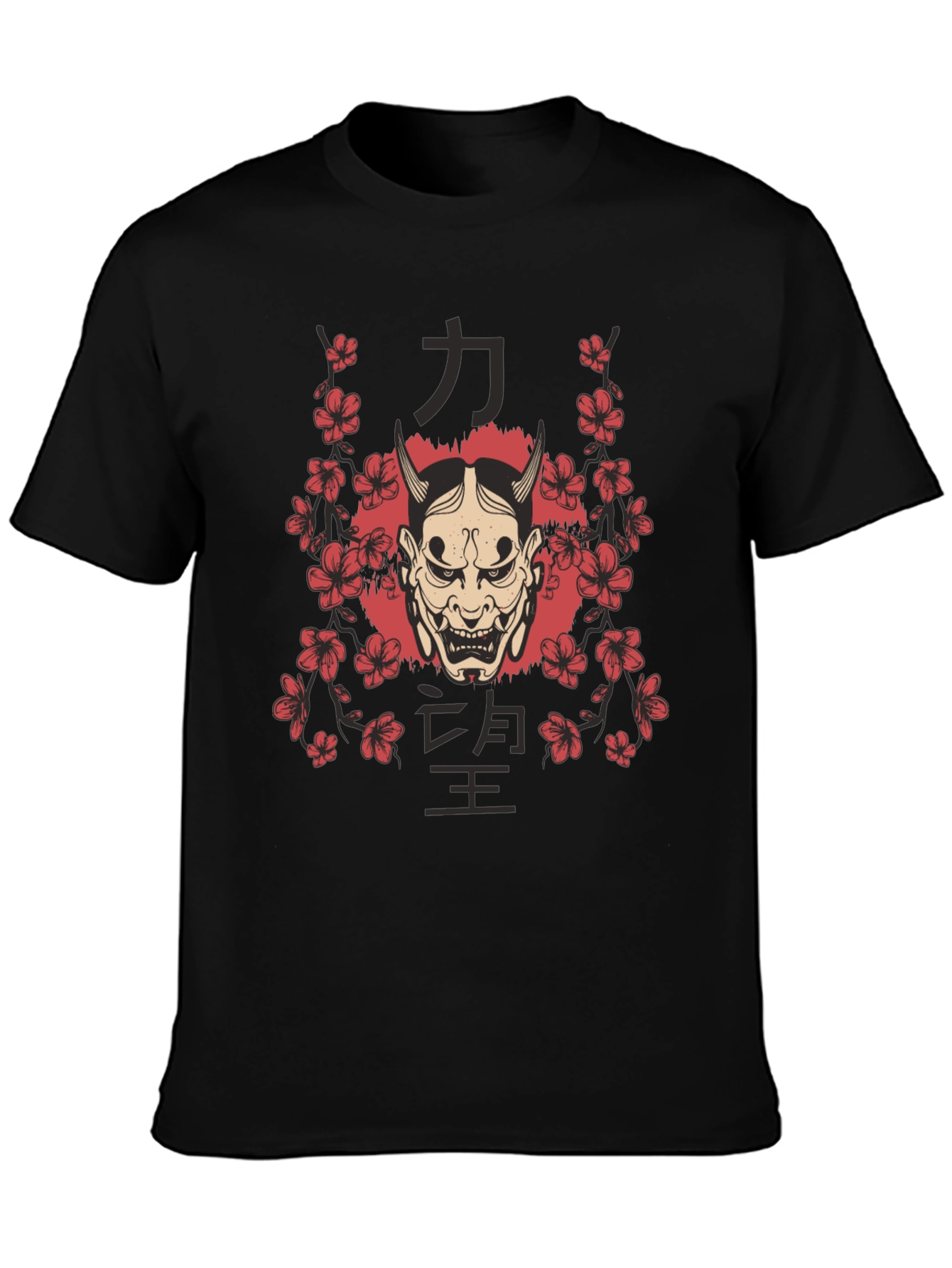 Mens Oni Mask Floral Graphic Black T-Shirt