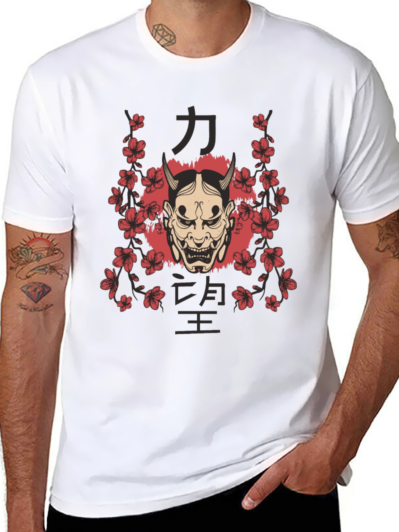 Mens Oni Mask Floral Graphic Black T-Shirt