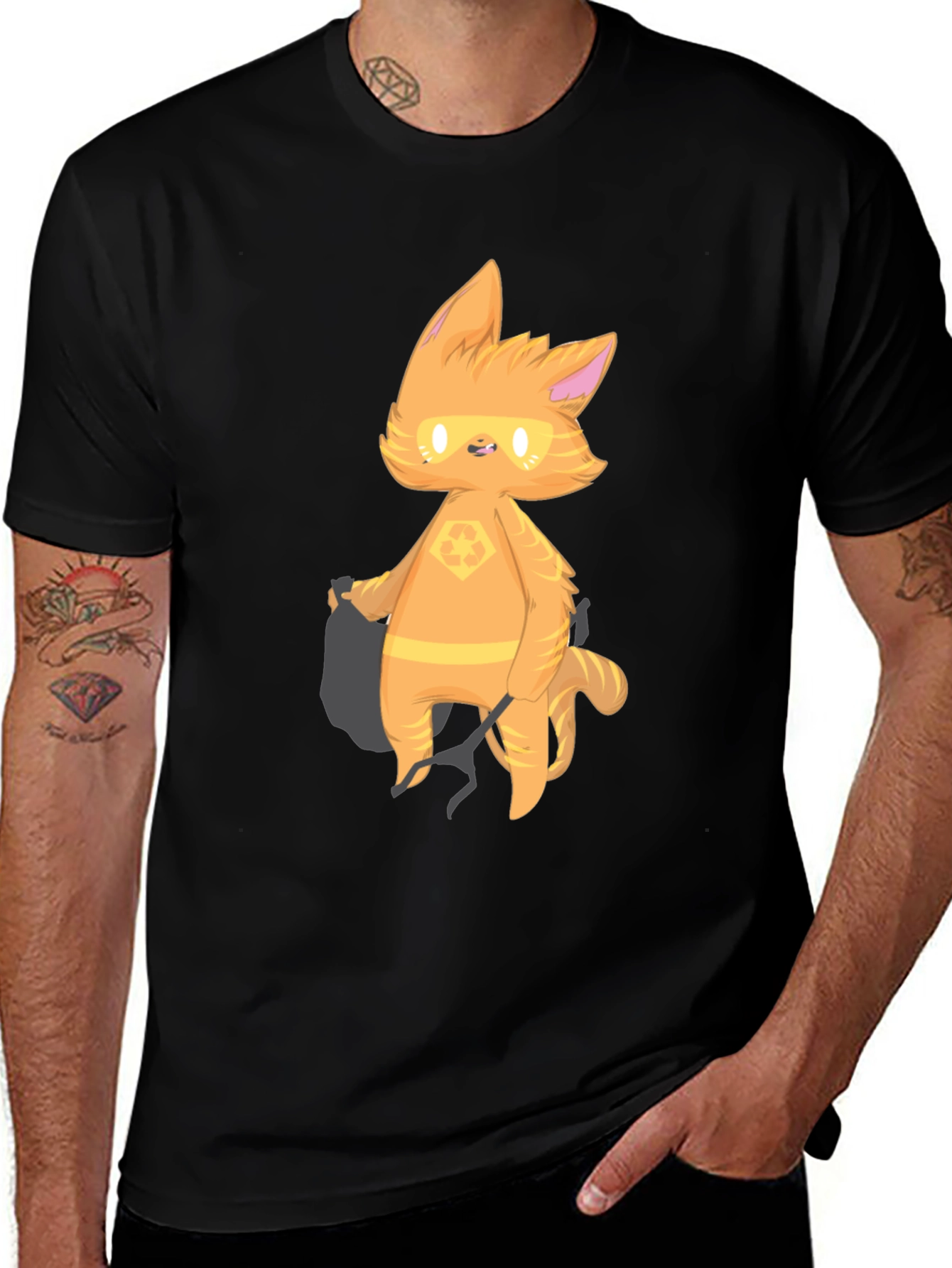 Cartoon Cat Graphic T-Shirt - Black