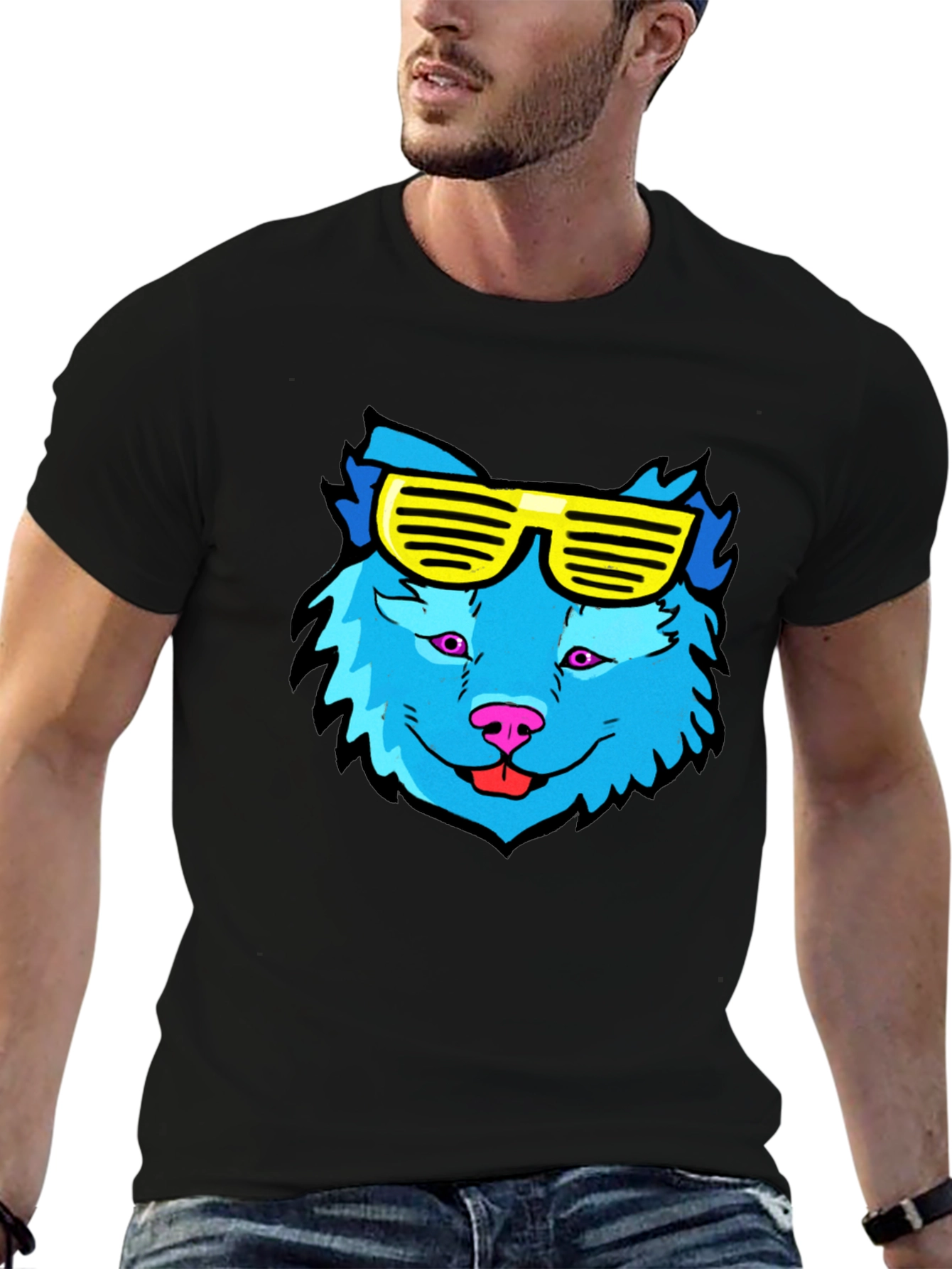 Cool Blue Wolf T-Shirt with Yellow Sunglasses