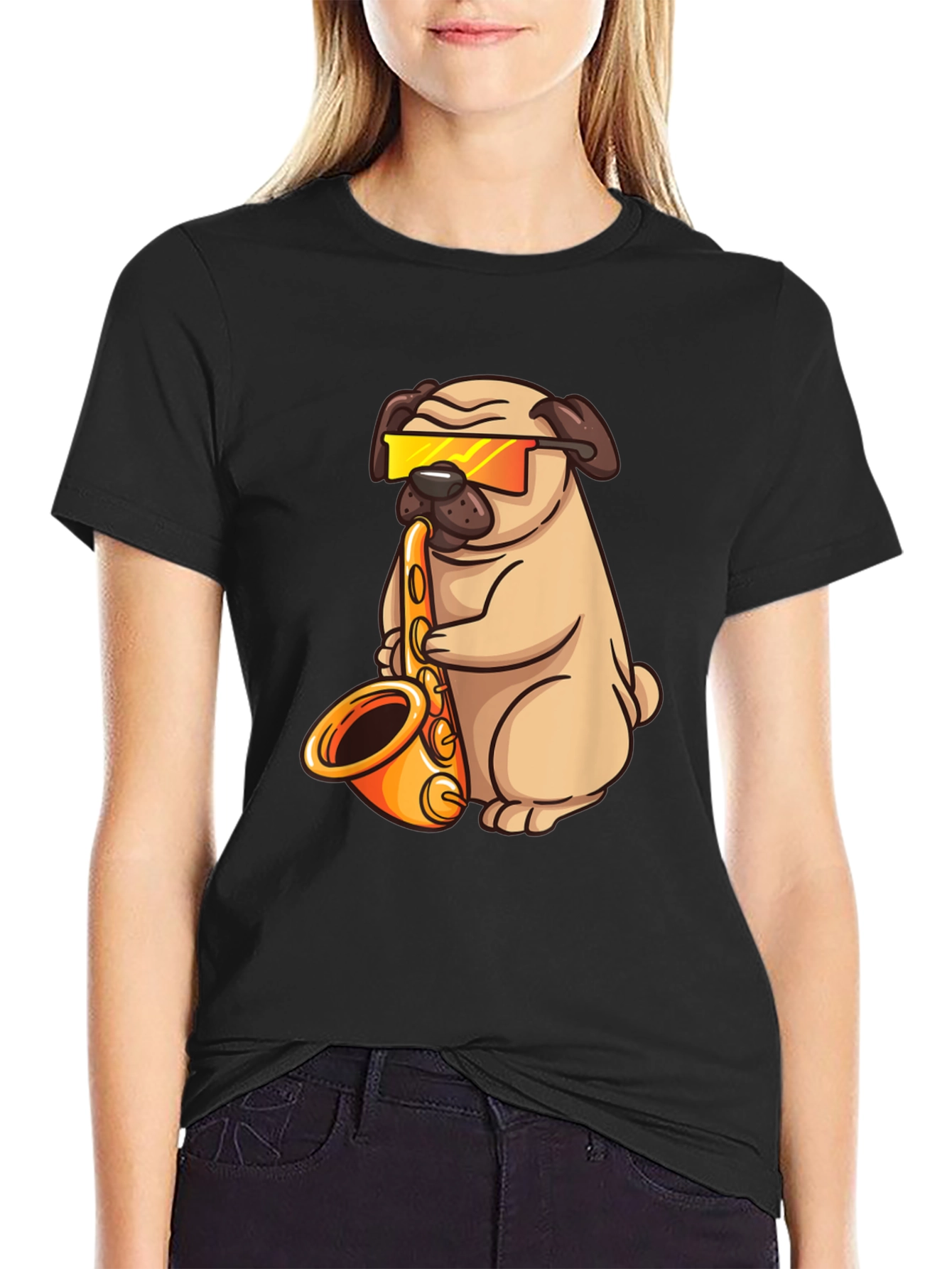 Saxophone Pug T-Shirt - Cool Dog Graphic Tee